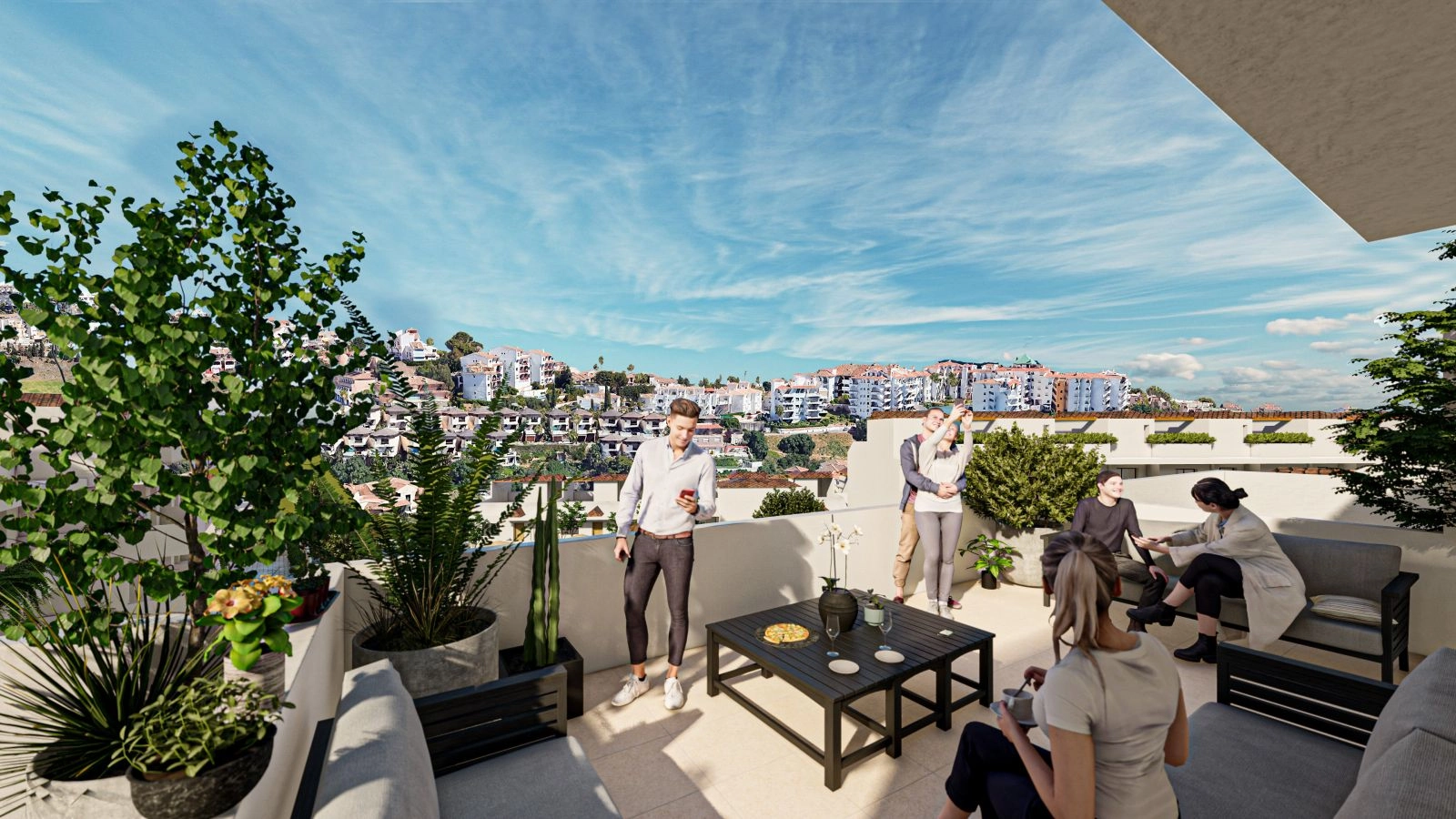 Slapp av eller underhold på din romslige private terrasse, med vakker utsikt over åsene i Mijas.