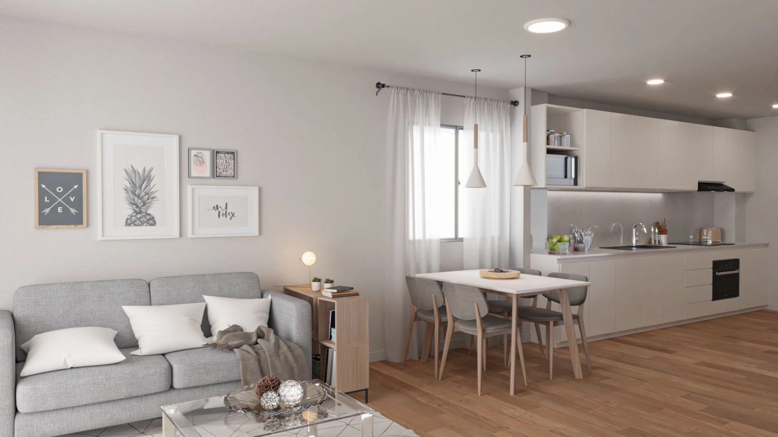 Den lyse og romslige stuen er designet for komfort og flyter sømløst inn i det moderne kjøkkenet.