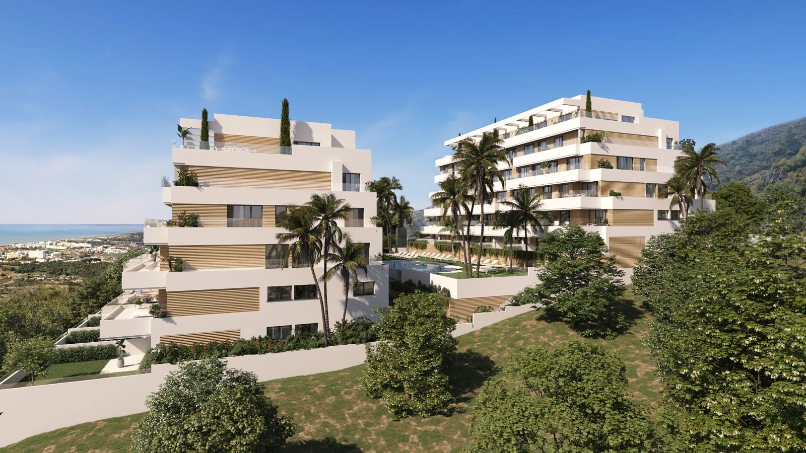En hevet utsikt over det moderne boligkomplekset, som viser frem sin fantastiske arkitektur og utsikt mot Middelhavet.