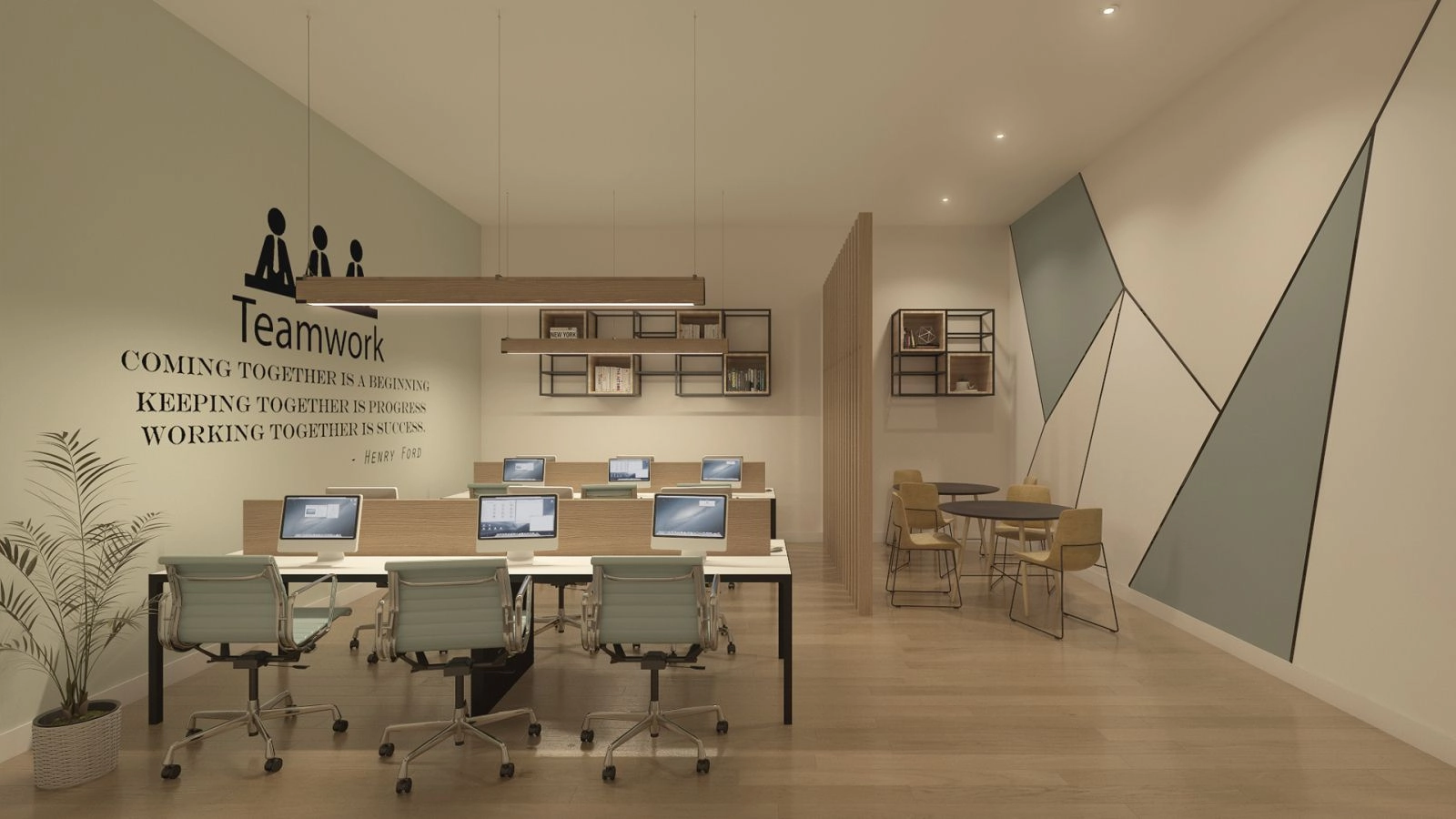 Co-working-området tilbyr et profesjonelt og komfortabelt miljø for arbeid eller møter.