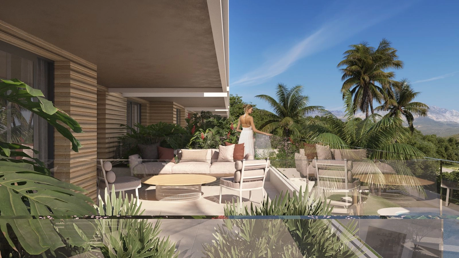 En utsikt over en stor, privat terrasse designet for utendørs opphold og bespisning, omgitt av frodige grønne omgivelser.