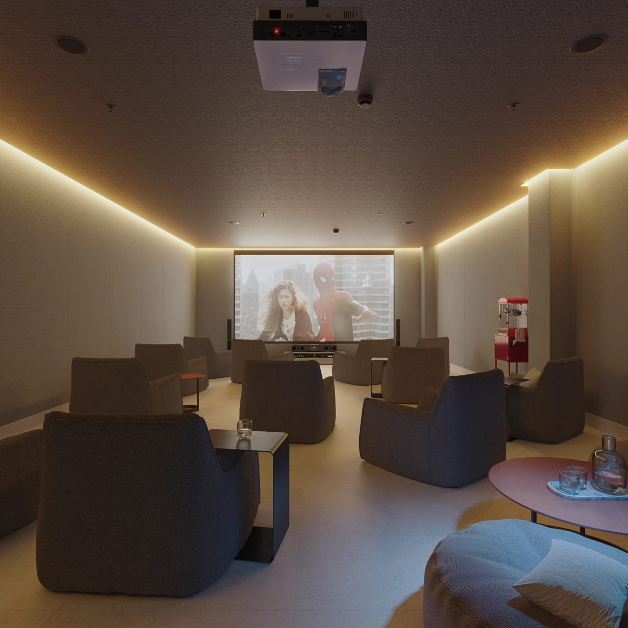 Nyt en filmkveld med familie og venner i den private kinorommet på stedet.