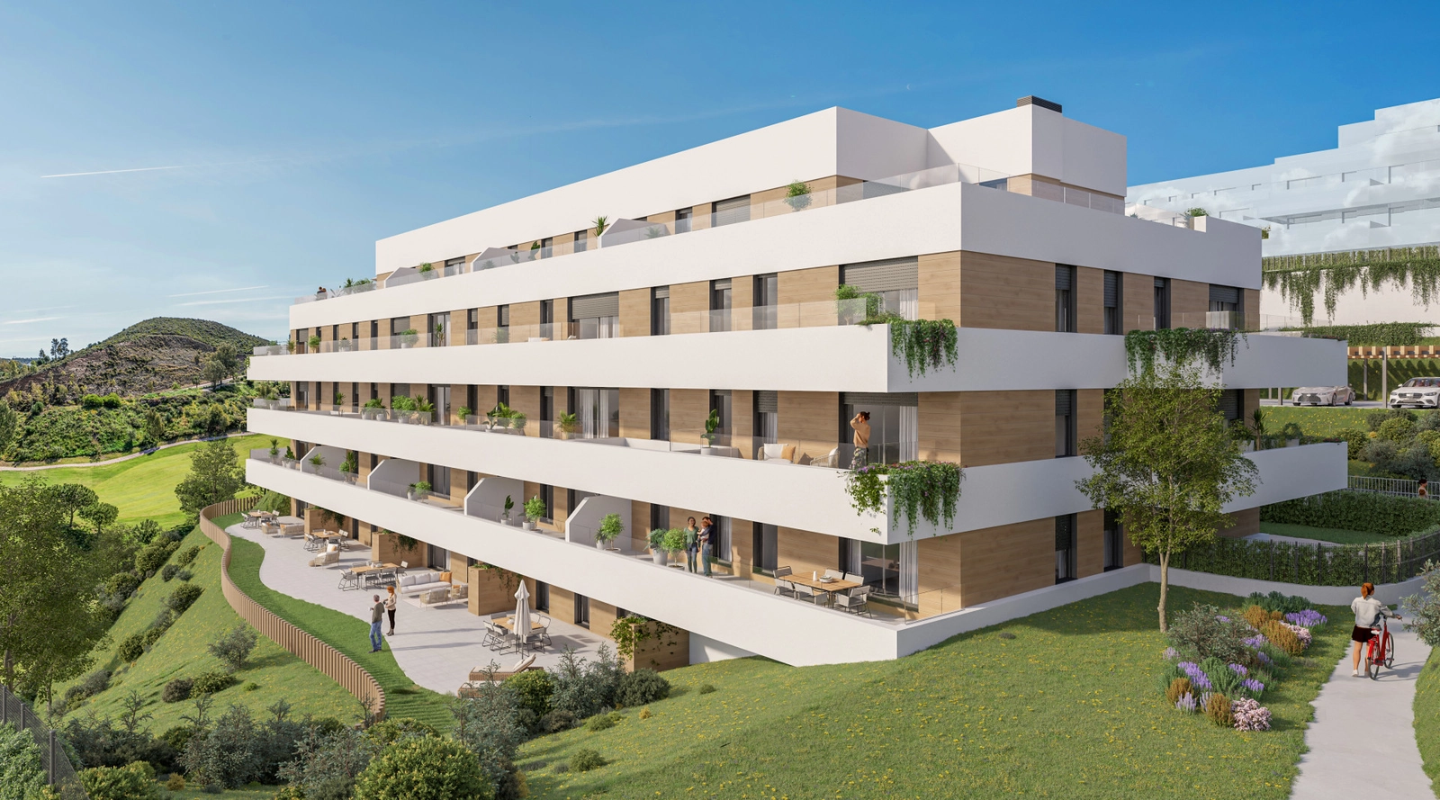 Den moderne arkitekturen til boligene, med utsikt over det frodige grønne landskapet på golfbanen.