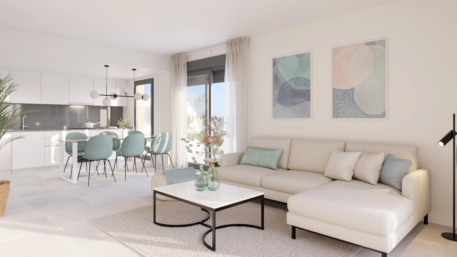 En lys og romslig åpen stue- og spiseplass, designet for moderne komfort.