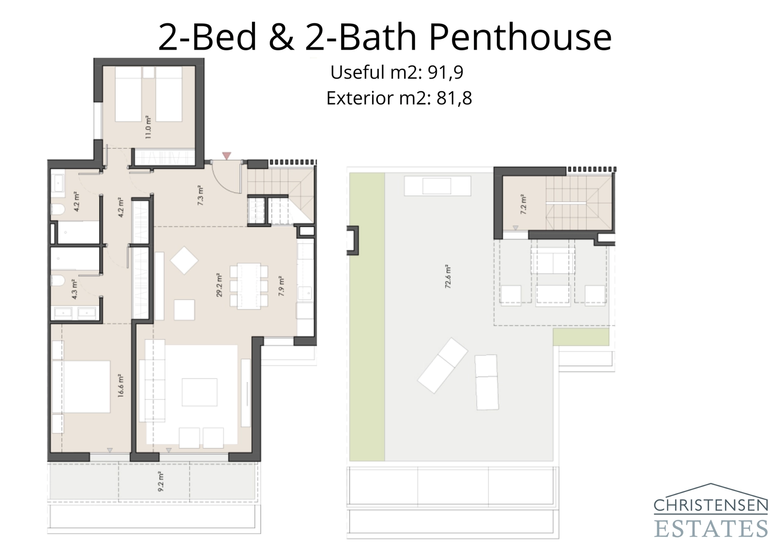 Oppdag to-roms penthouseleiligheten, med en romslig takterrasse som tilbyr privatliv og eksepsjonell utsikt, perfekt for underholdning.