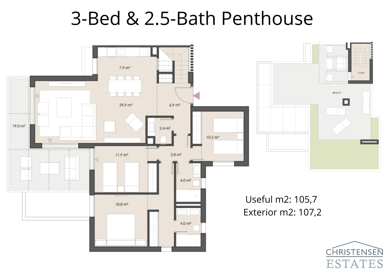 Tre-roms penthouseleiligheten gir en overlegen boopplevelse med sitt store taksolarium og panoramisk kystutsikt.