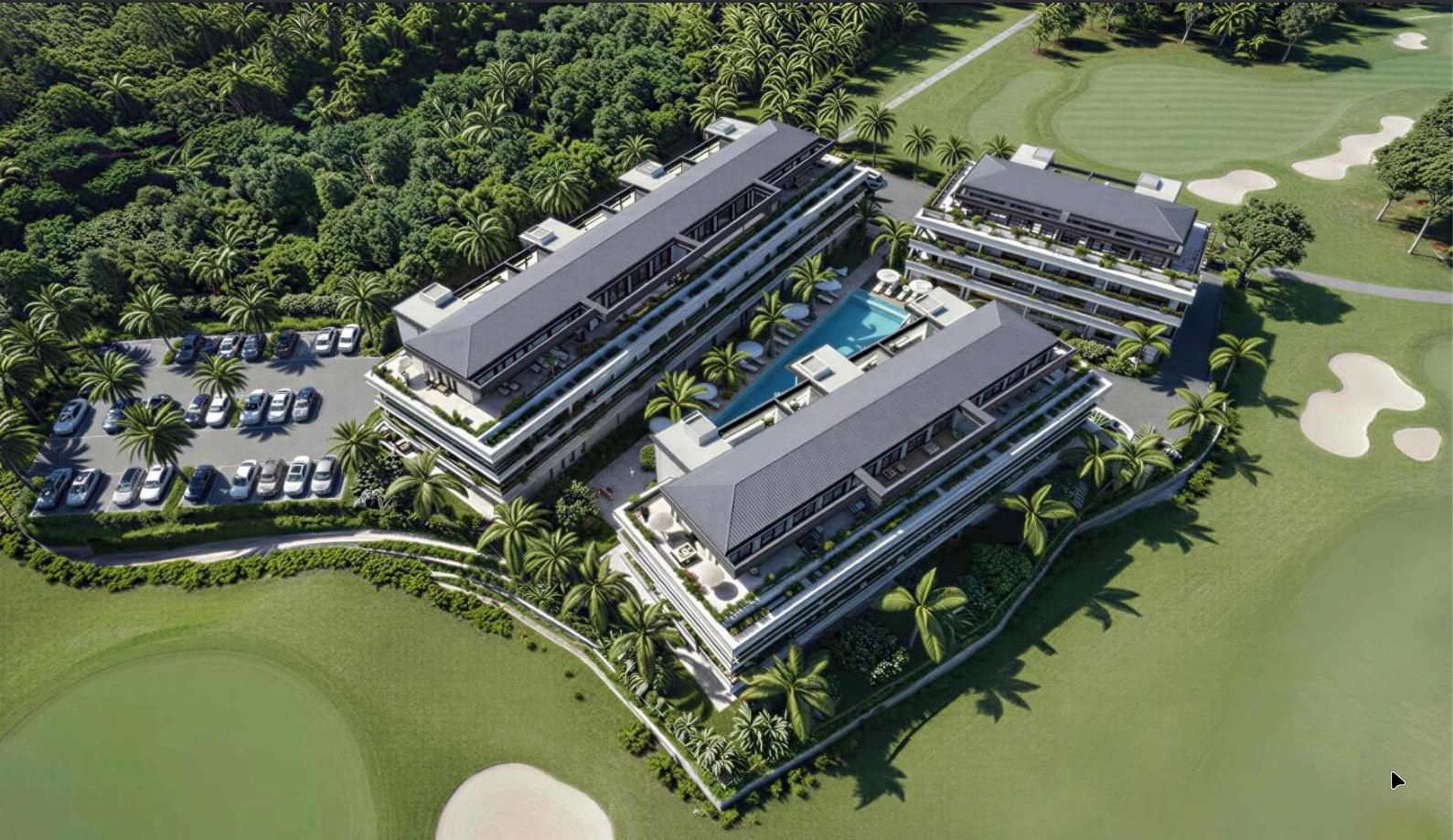 Et flyfoto som viser de tre moderne bygningene omgitt av grønne fairways.