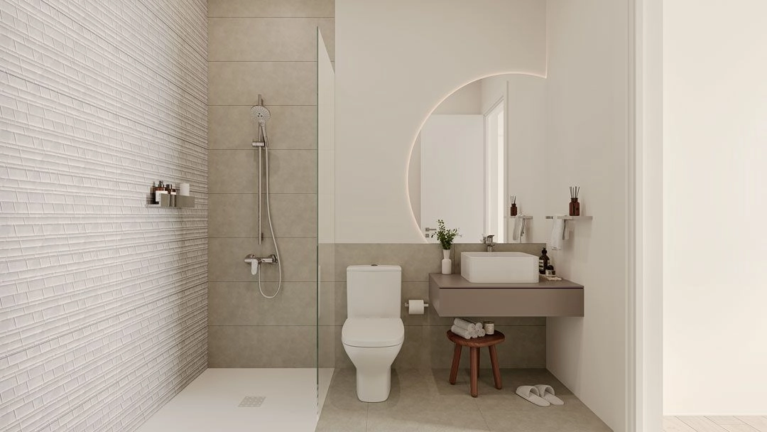 Et elegant bad med moderne innredning og materialer av høy kvalitet for en spa-lignende følelse.