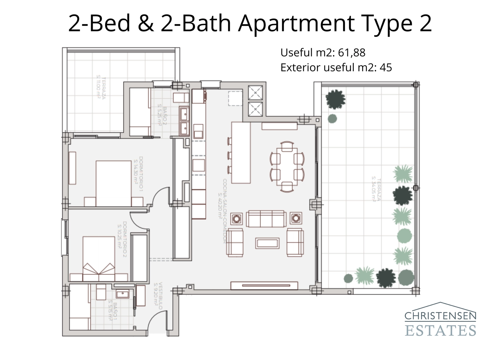 En alternativ to-roms leilighetsløsning, med to terrasser for å nyte både morgen- og ettermiddagssol.