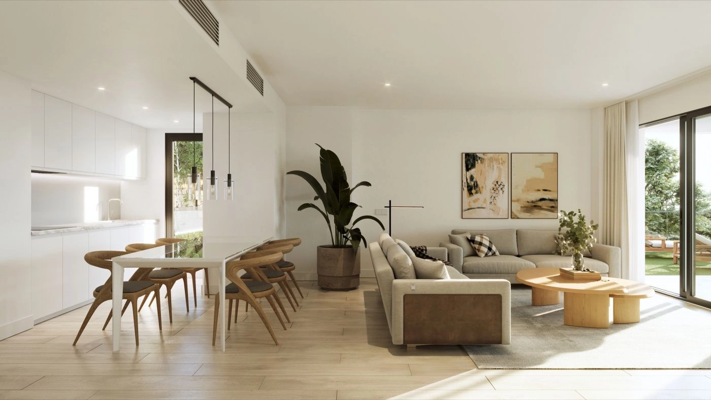 Åpne stue- og spiseområder som flyter uanstrengt utendørs.