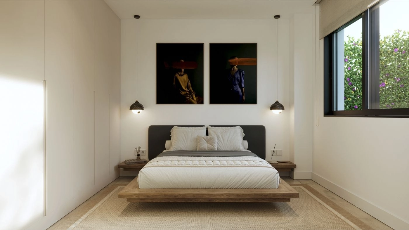 Elegante hovedsoverom som tilbyr et fredelig tilfluktssted med moderne designdetaljer.