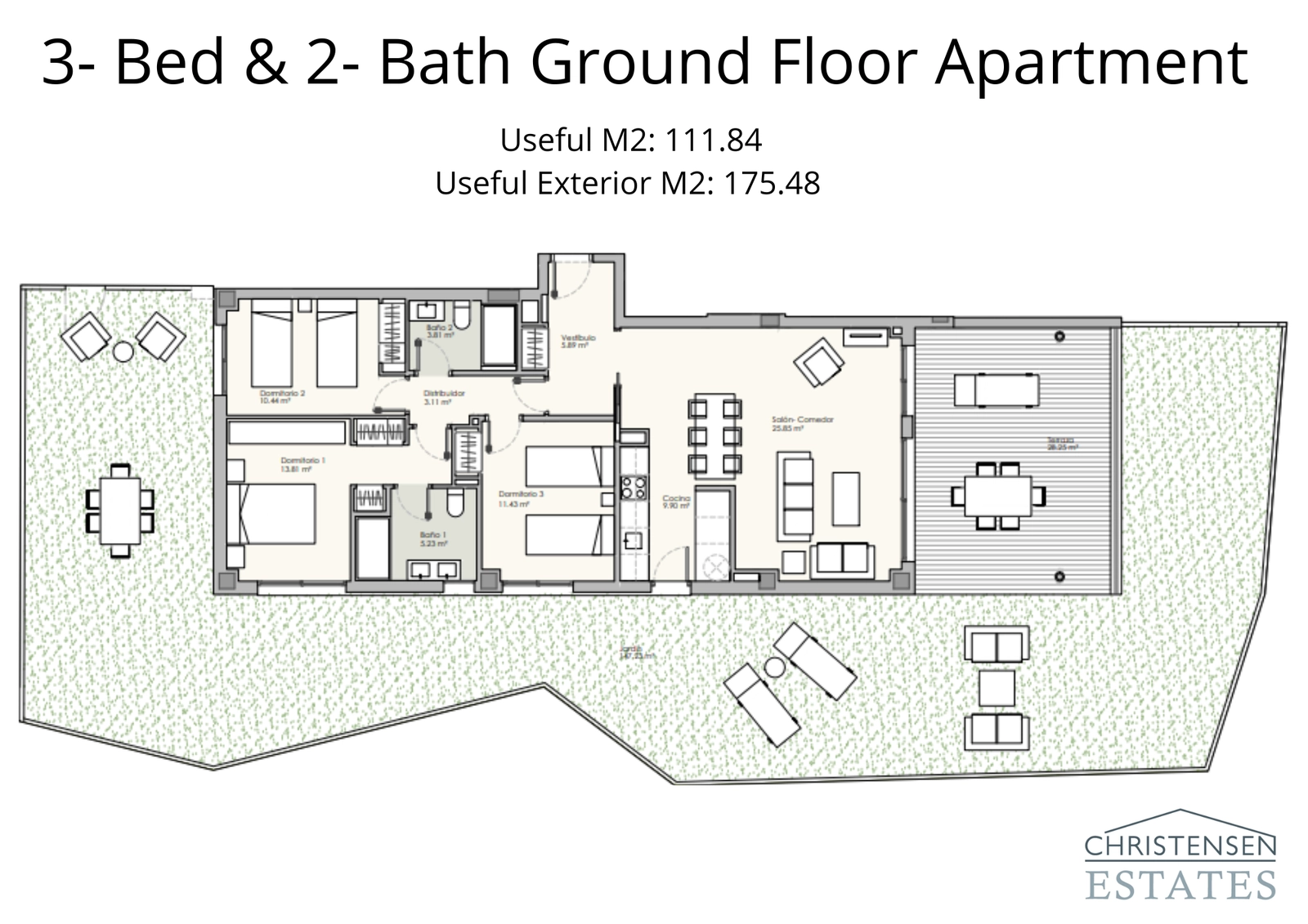 Sjenerøs tre-roms leilighet i første etasje med omfattende terrasse og hageplass, ideell for familier.