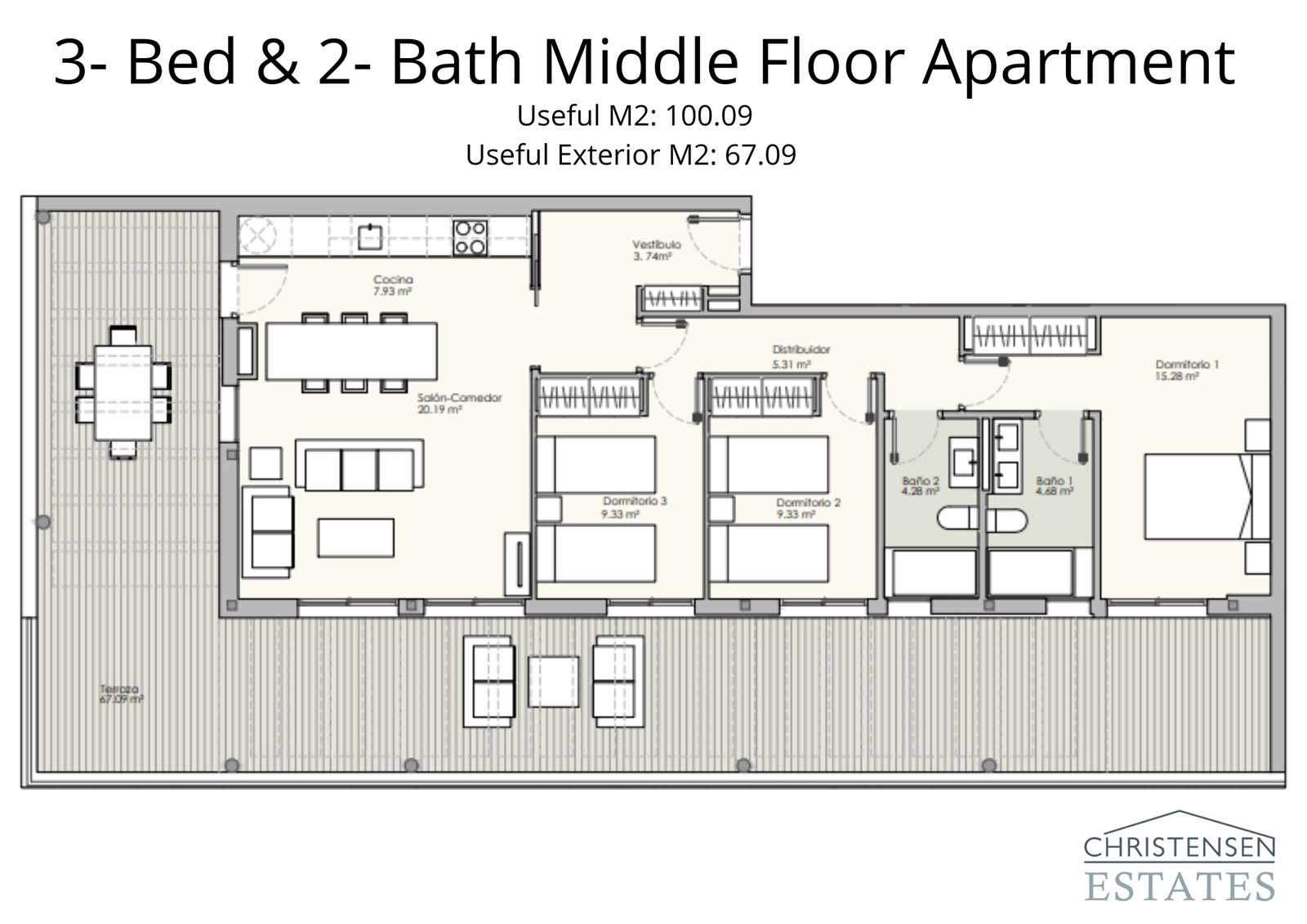 Tre-roms leilighetsplan i mellometasjen, som tilbyr store oppholdsrom og en fantastisk terrasse med flott utsikt.