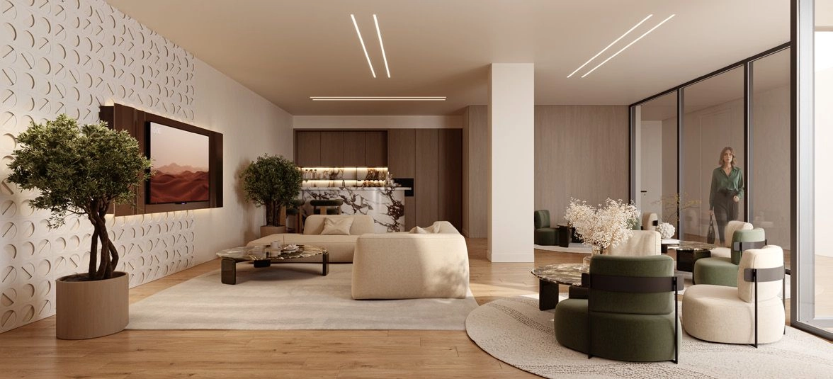 En allsidig beboerlounge tilbyr en komfortabel plass for arbeid, møter eller sosialt samvær.