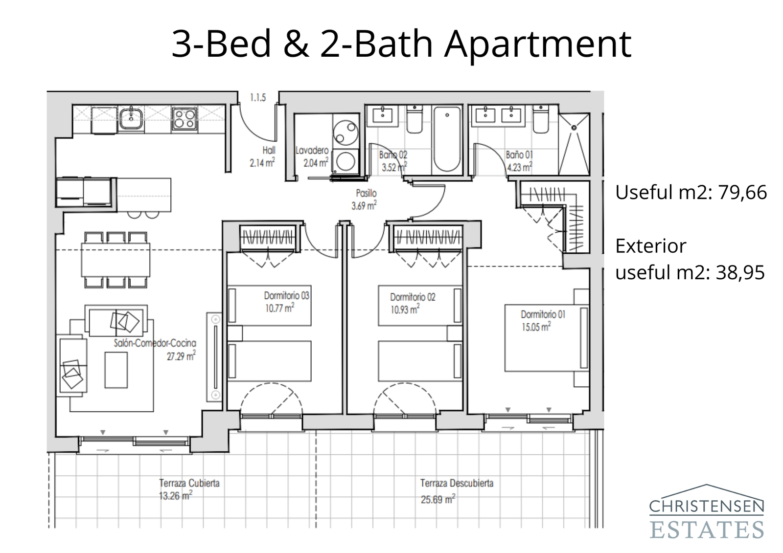 Den romslige planløsningen for leiligheter med tre soverom gir god plass for familier, med en sjenerøs åpen stue og en romslig terrasse for utendørs glede.
