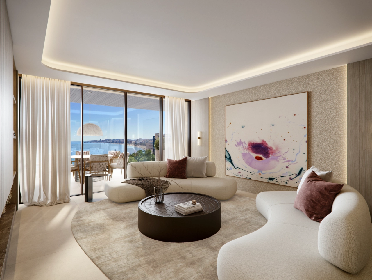 Stueområdet er designet for å flyte sømløst ut på terrassen, noe som skaper en lys og åpen innendørs-utendørs livsstil.