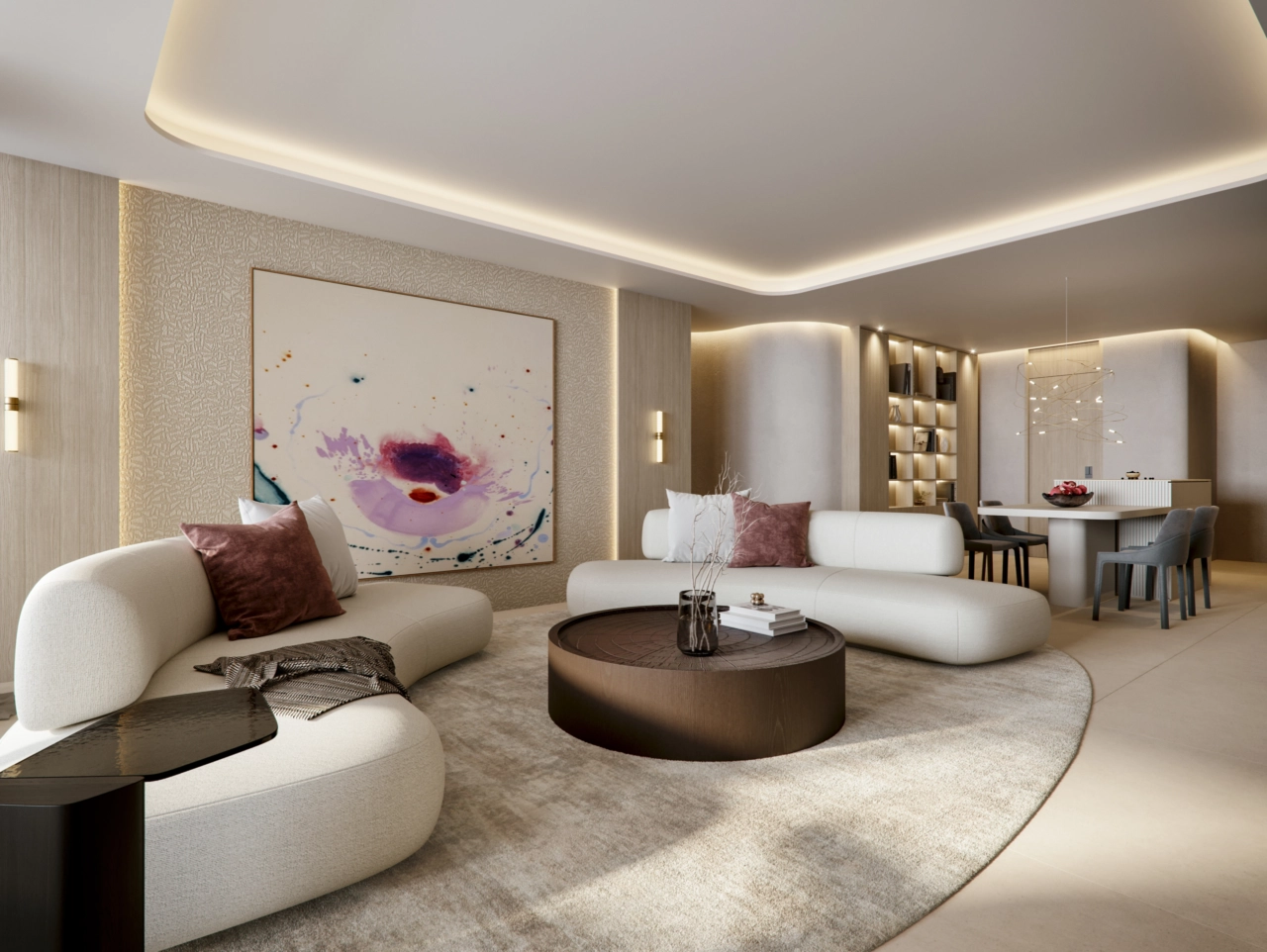 En innbydende og rolig stue, utformet med myke teksturer og en nøytral fargepalett for optimal komfort.