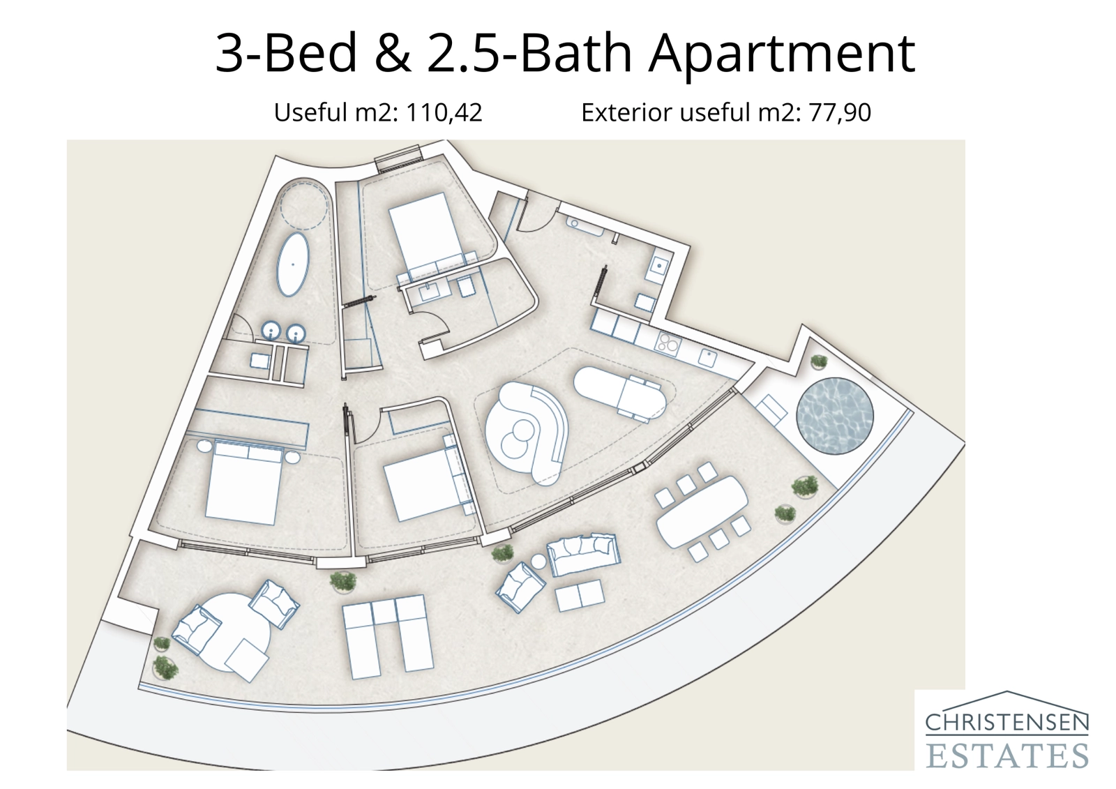 Denne romslige planløsningen med tre soverom har en stor, omsluttende terrasse, som sømløst integrerer innendørs og utendørs oppholdsrom.