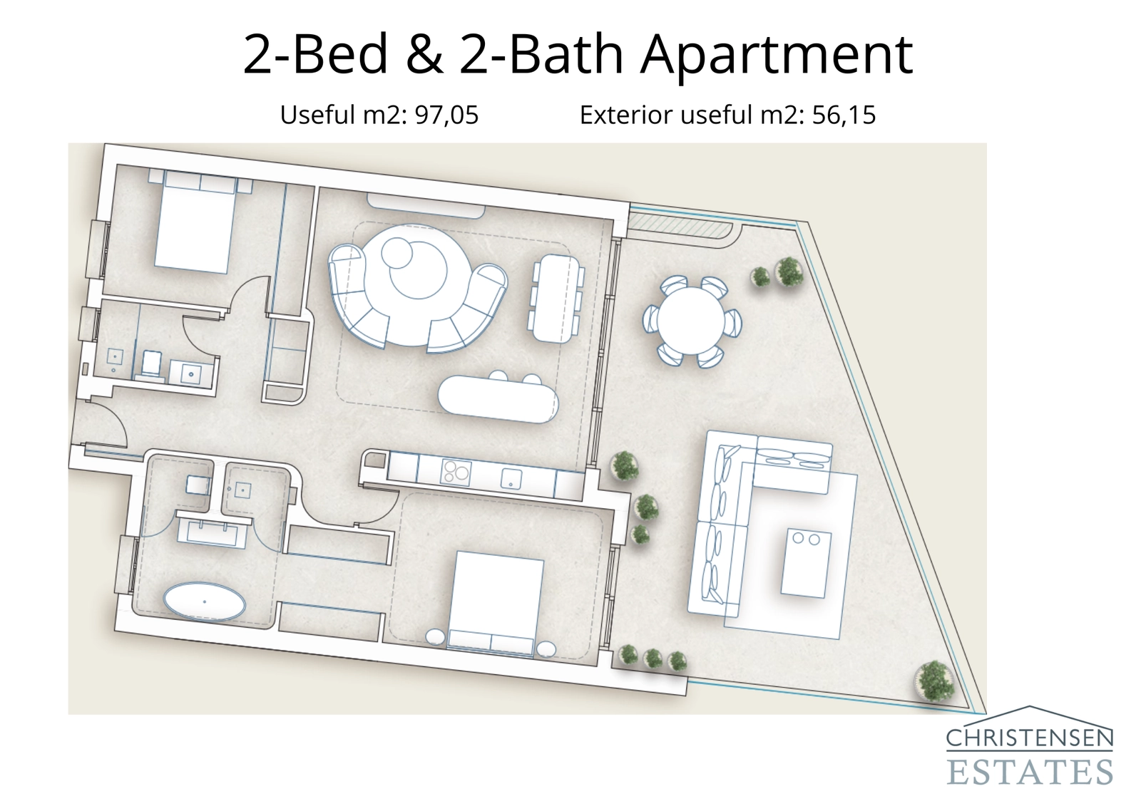 En effektivt designet planløsning med to soverom og et åpent stueområde som strekker seg ut til en sjenerøs terrasse, perfekt for å nyte middelhavsklimaet.