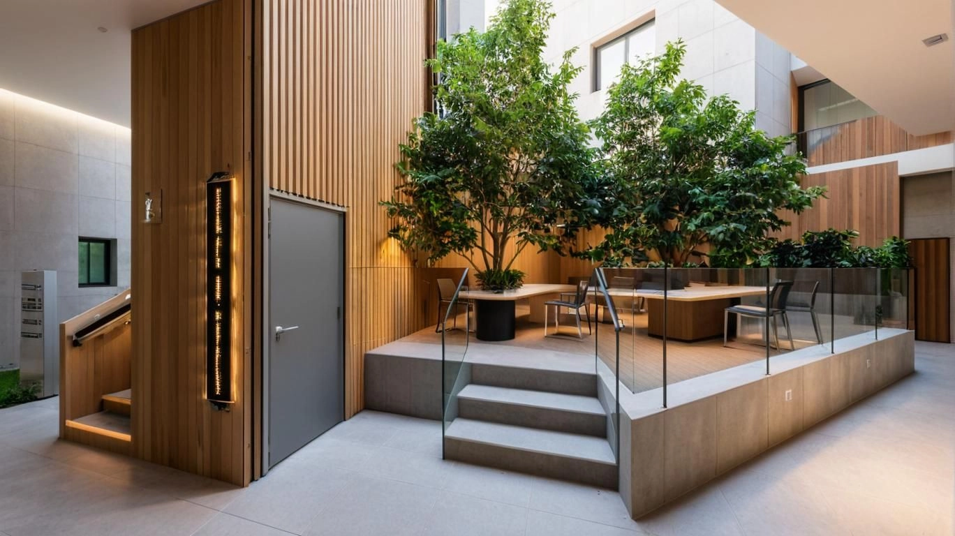Et innovativt utendørs co-working-område hvor naturlig lys, frisk luft og moderne design forbedrer produktivitet og velvære.