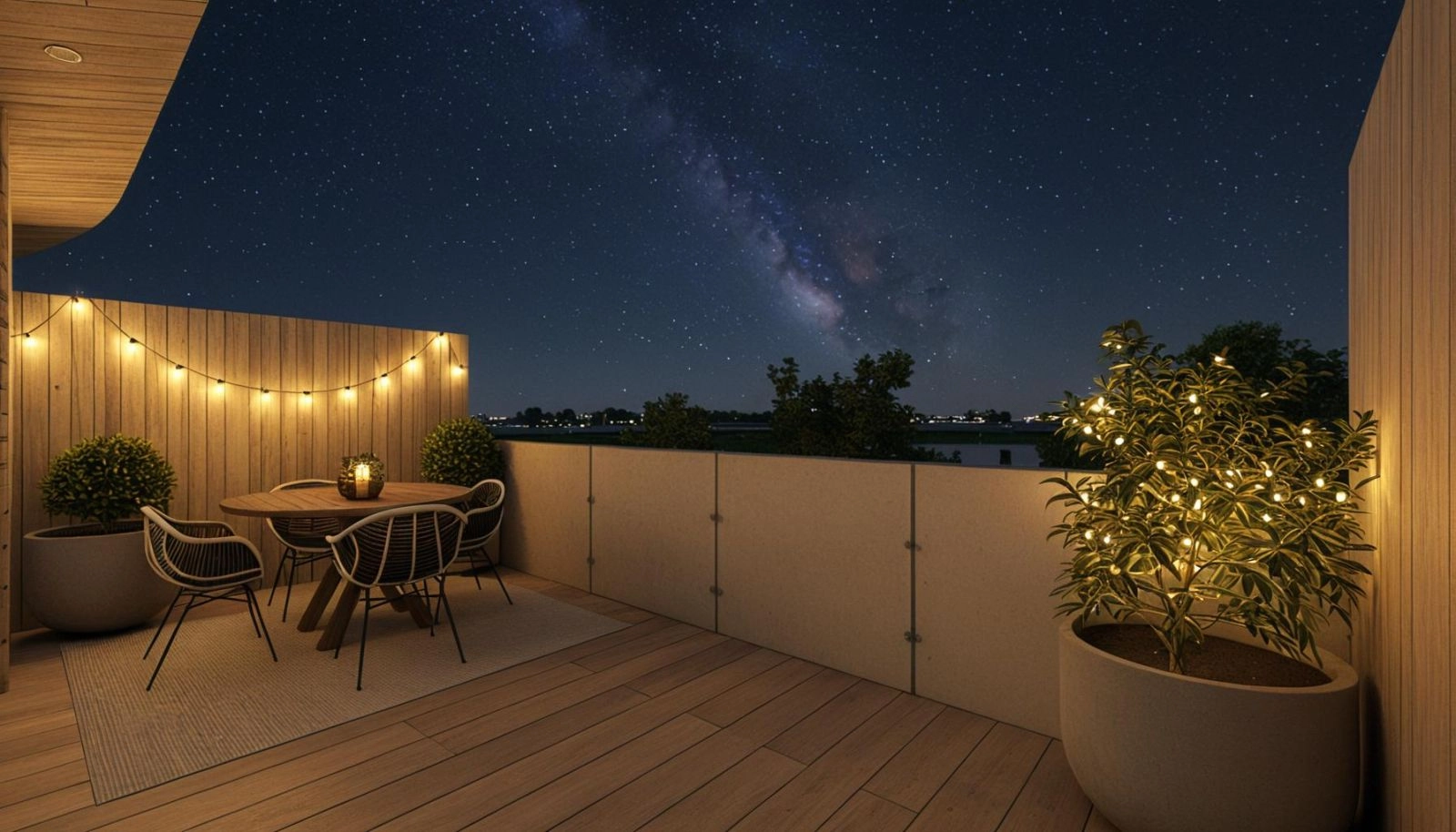 Nyt magiske kvelder på din private terrasse, en ideell ramme for stille ettertanke eller underholdning under stjernene.
