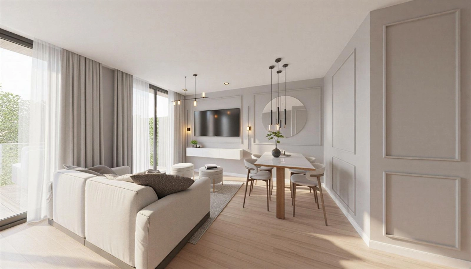 En lys og innbydende stue, omtenksomt designet med moderne stil og unike detaljer for en varm, sofistikert atmosfære.