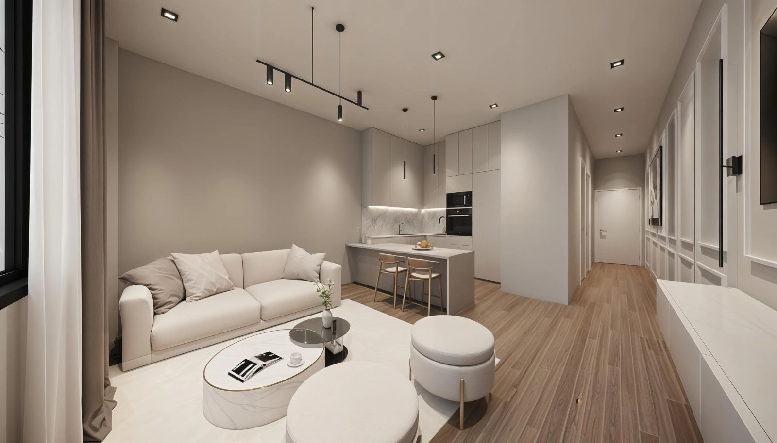 Et moderne kjøkken designet for både stil og praktisk bruk, med avanserte hvitevarer og en smart, effektiv planløsning.