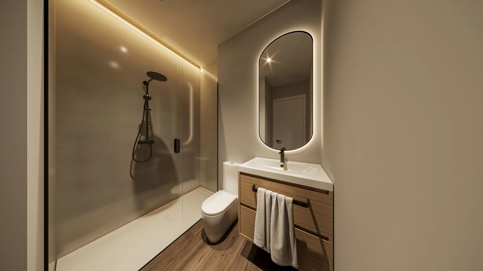 Opplev den perfekte balansen mellom design og funksjon på det stilige badet, med eksklusive armaturer og sofistikerte porselensfliser.
