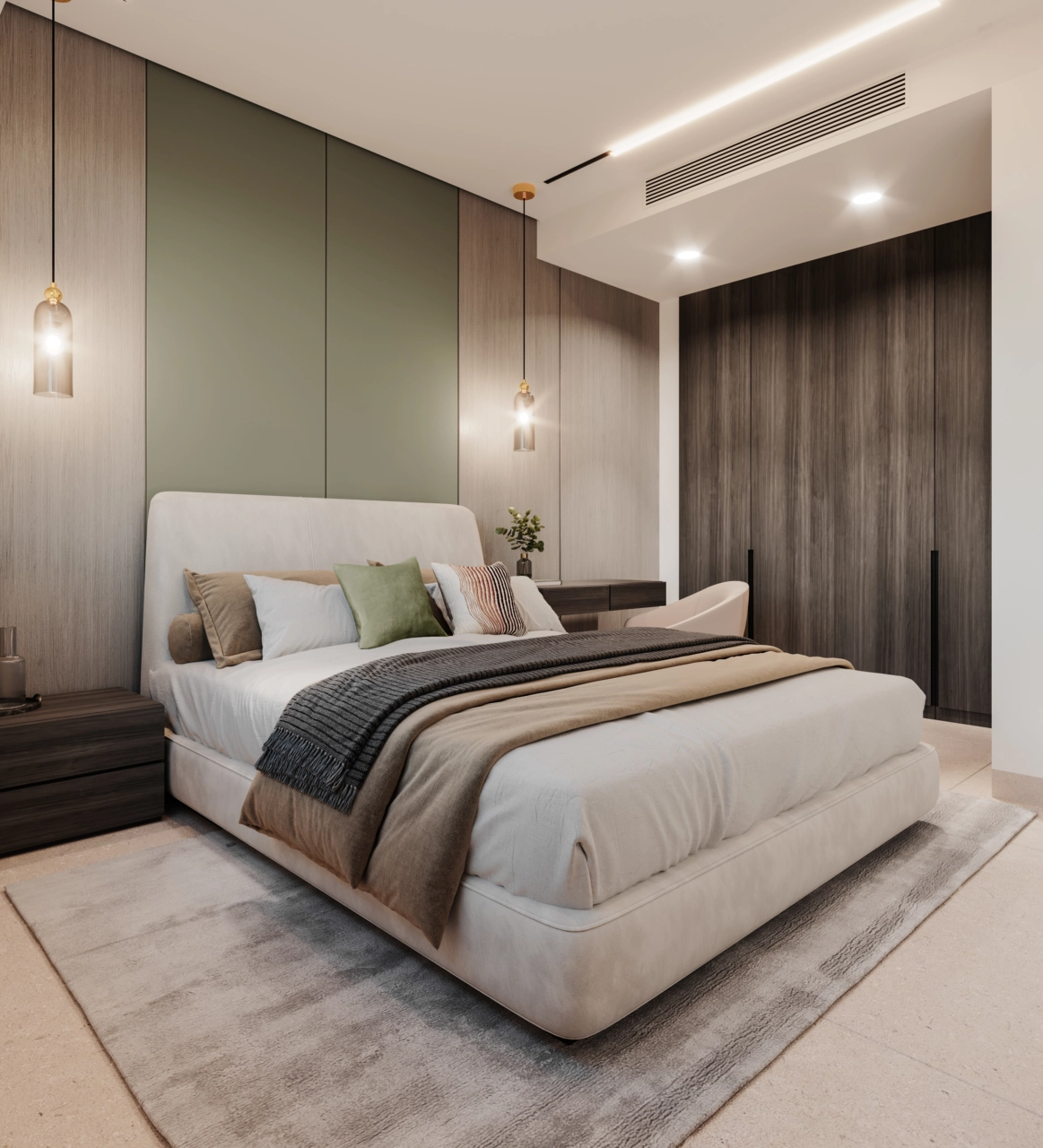 Et komfortabelt og stilfullt sekundært soverom, designet med varme materialer og rikelig med lagringsplass.