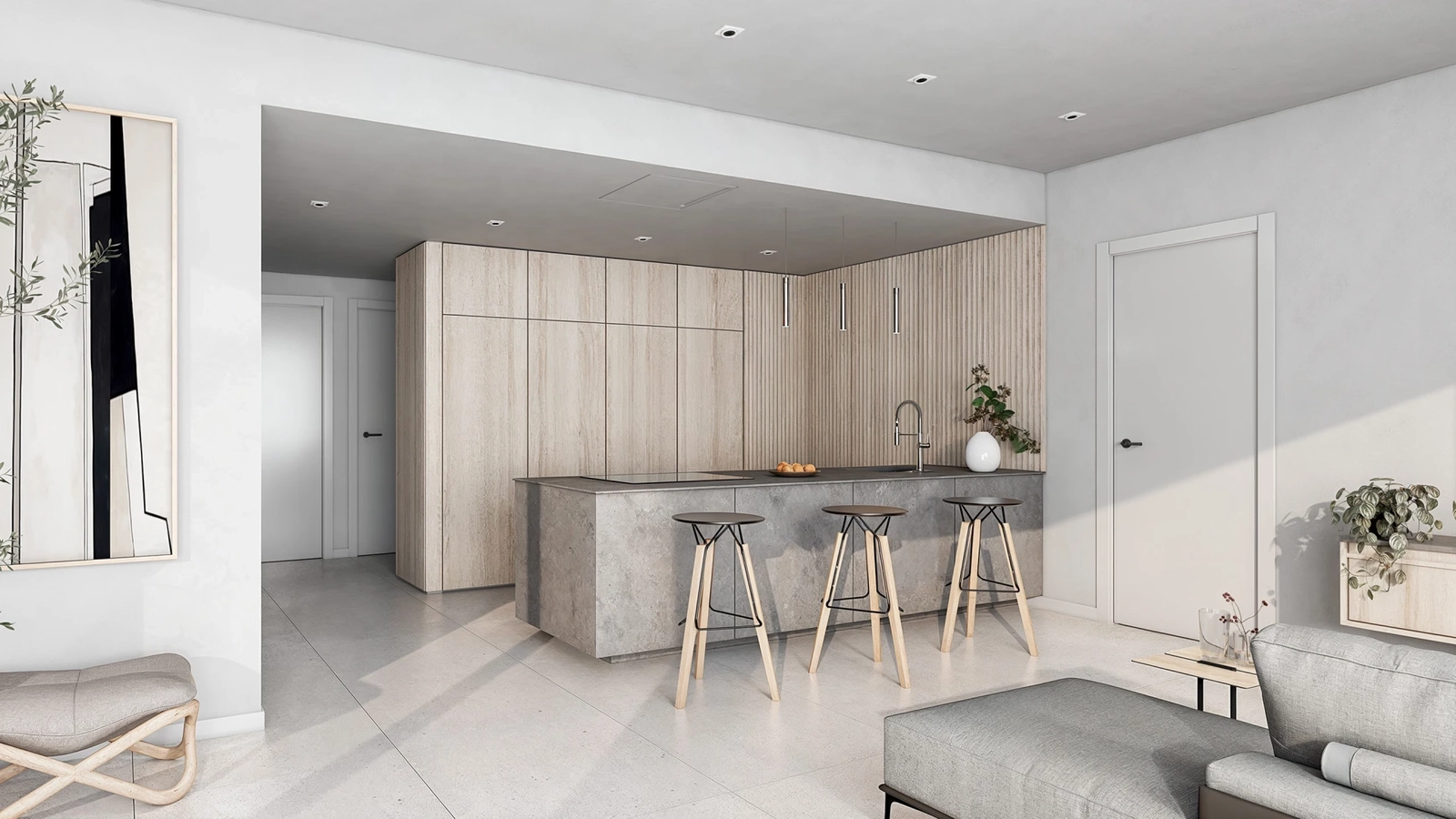 Et moderne kjøkken, fullt utstyrt med hvitevarer og overflater av høy kvalitet.