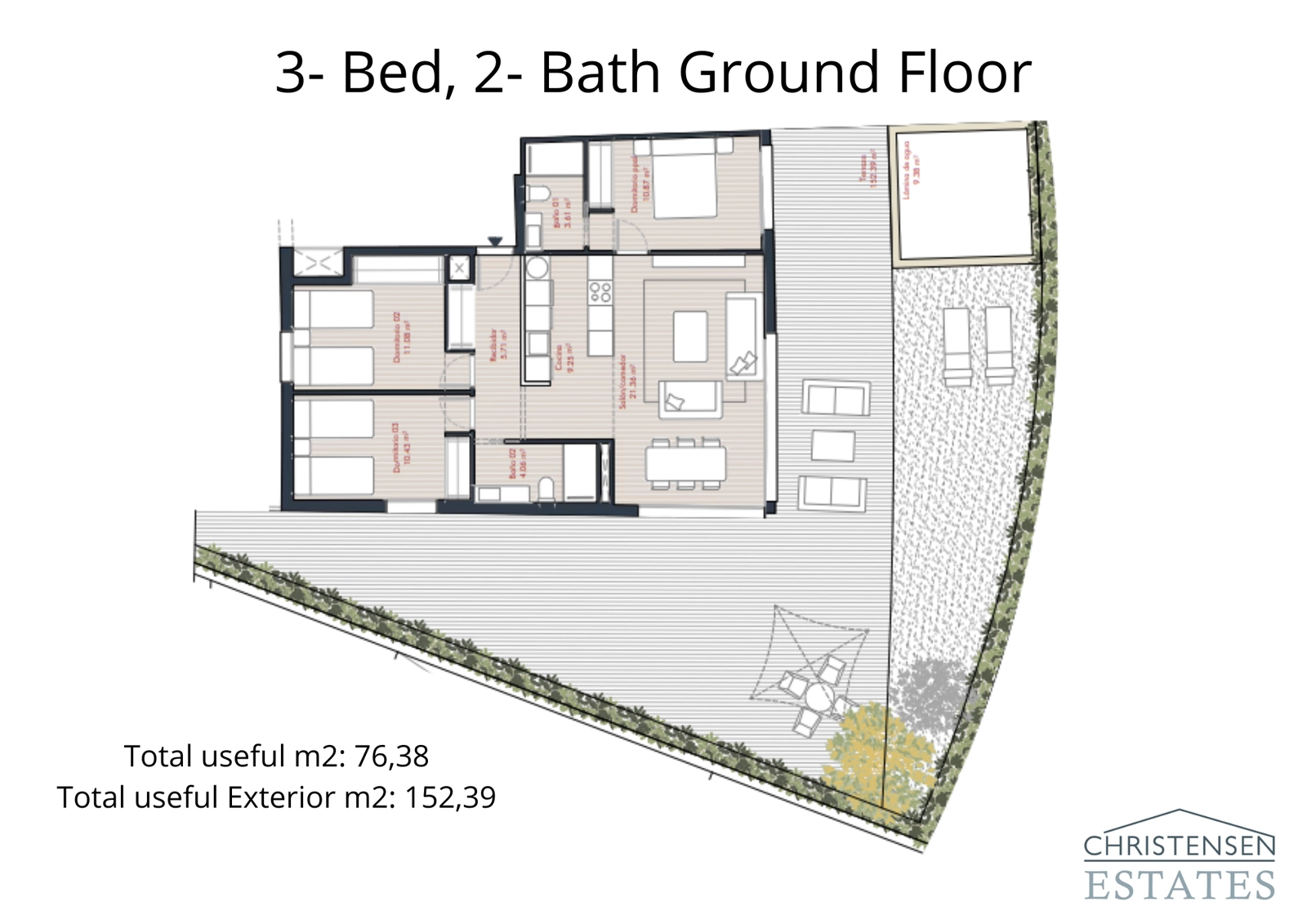 En romslig planløsning med tre soverom i første etasje, med sjenerøs innendørs plass koblet til en stor privat hage og terrasse.