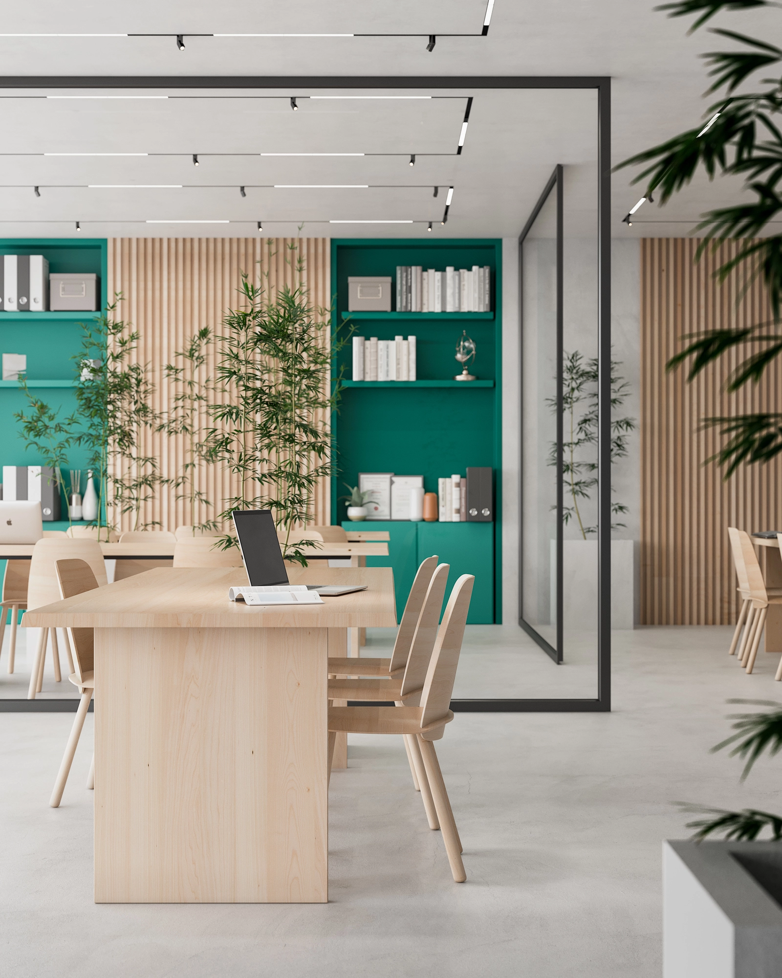 Et stilfullt og rolig samarbeidsområde designet for produktivitet, som tilbyr et komfortabelt miljø for beboerne.