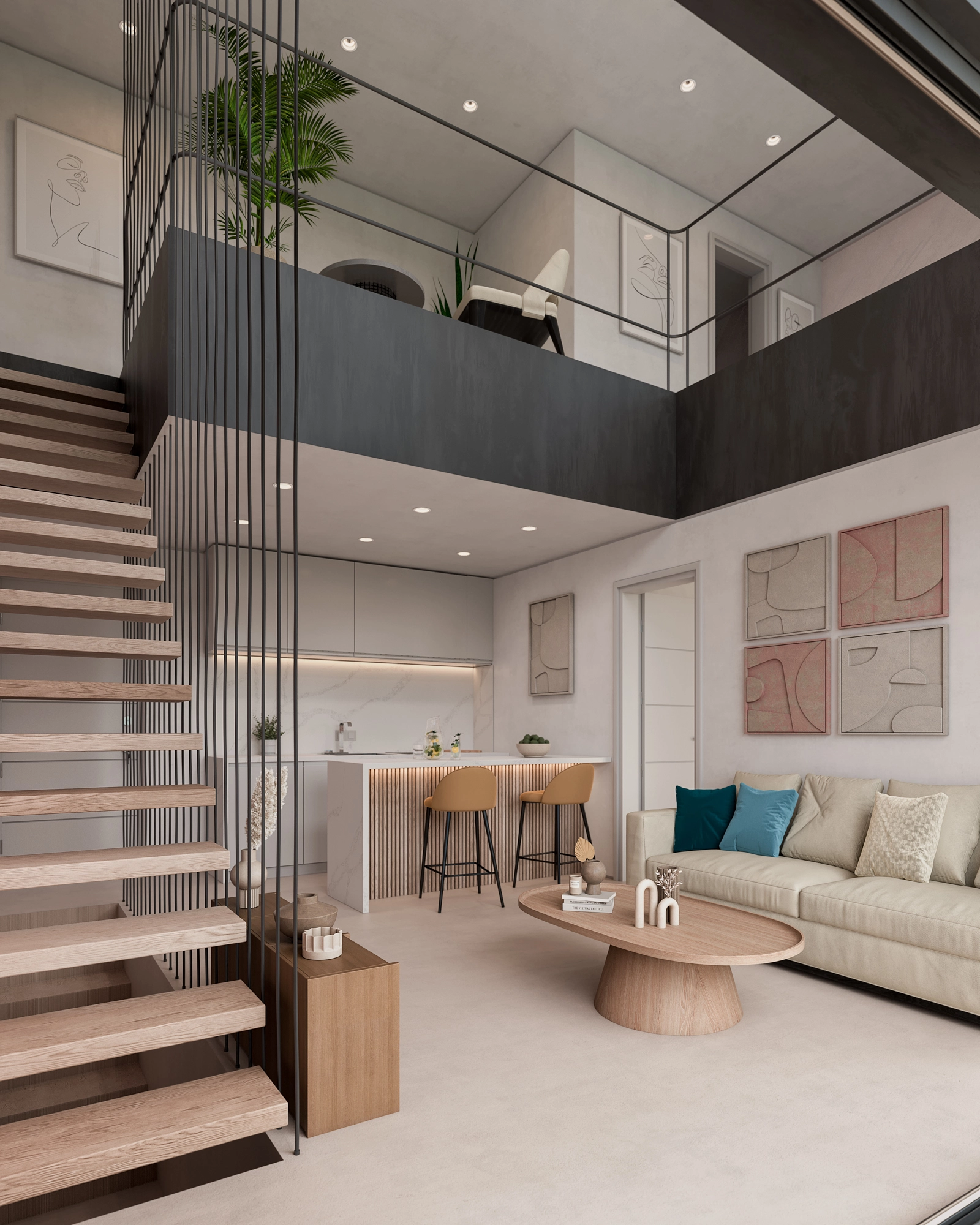 Den åpne stue- og kjøkkenløsningen kombinerer moderne design med en varm, innbydende atmosfære, perfekt for avslapning eller sosiale sammenkomster.