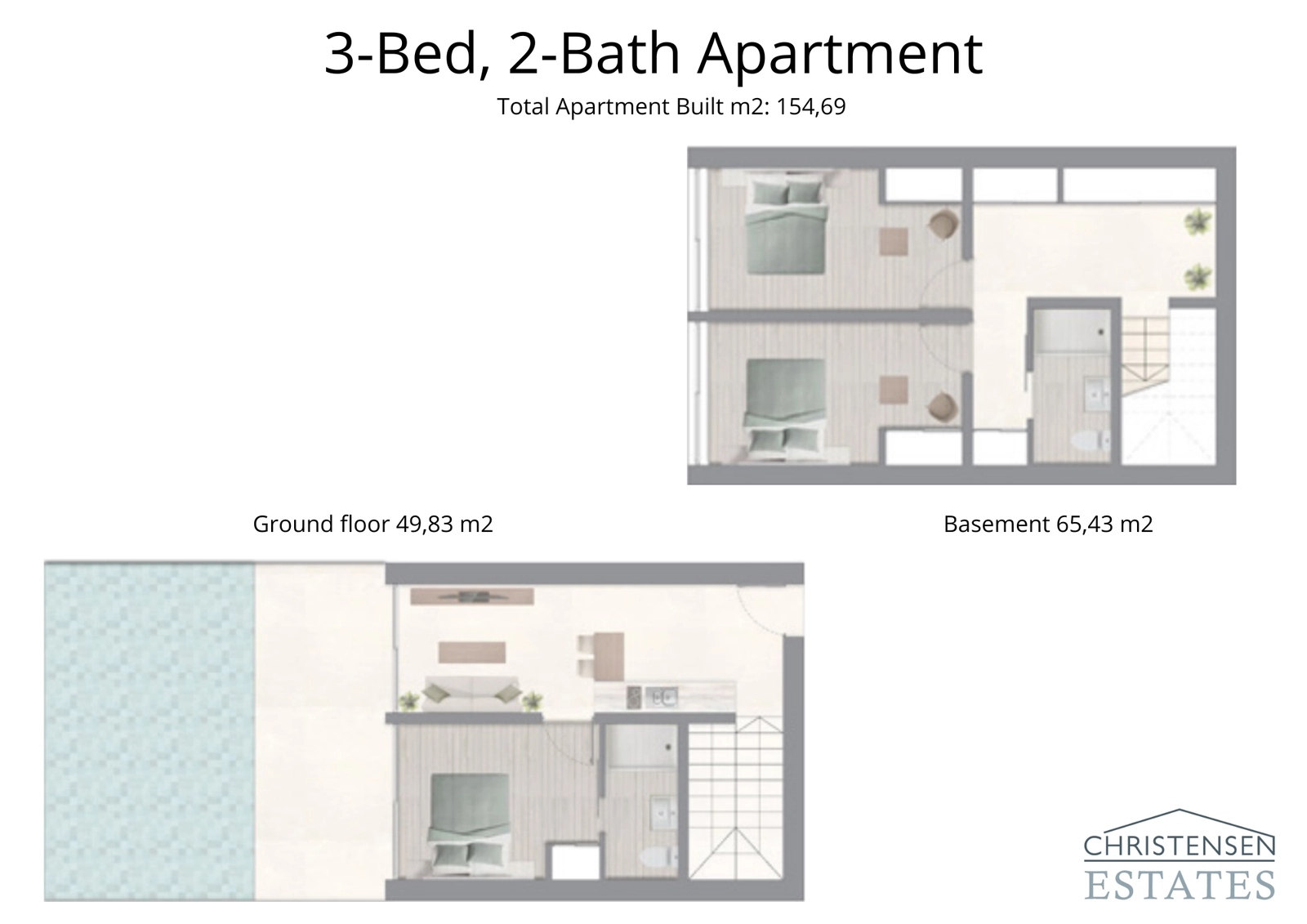 En leilighetsplanløsning med tre soverom i to etasjer (dupleks) med direkte terrasseadgang til felles svømmebasseng, ideelt for familieliv.