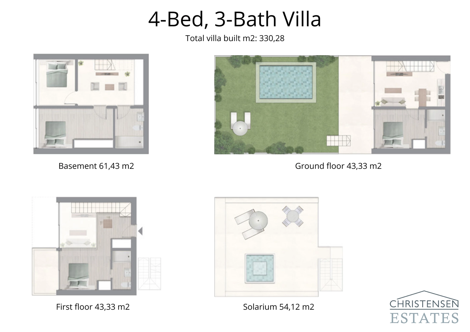 Denne villaen med fire soverom strekker seg over fire etasjer, og gir generøse oppholdsrom og en sømløs overgang til privat hage og solarium.