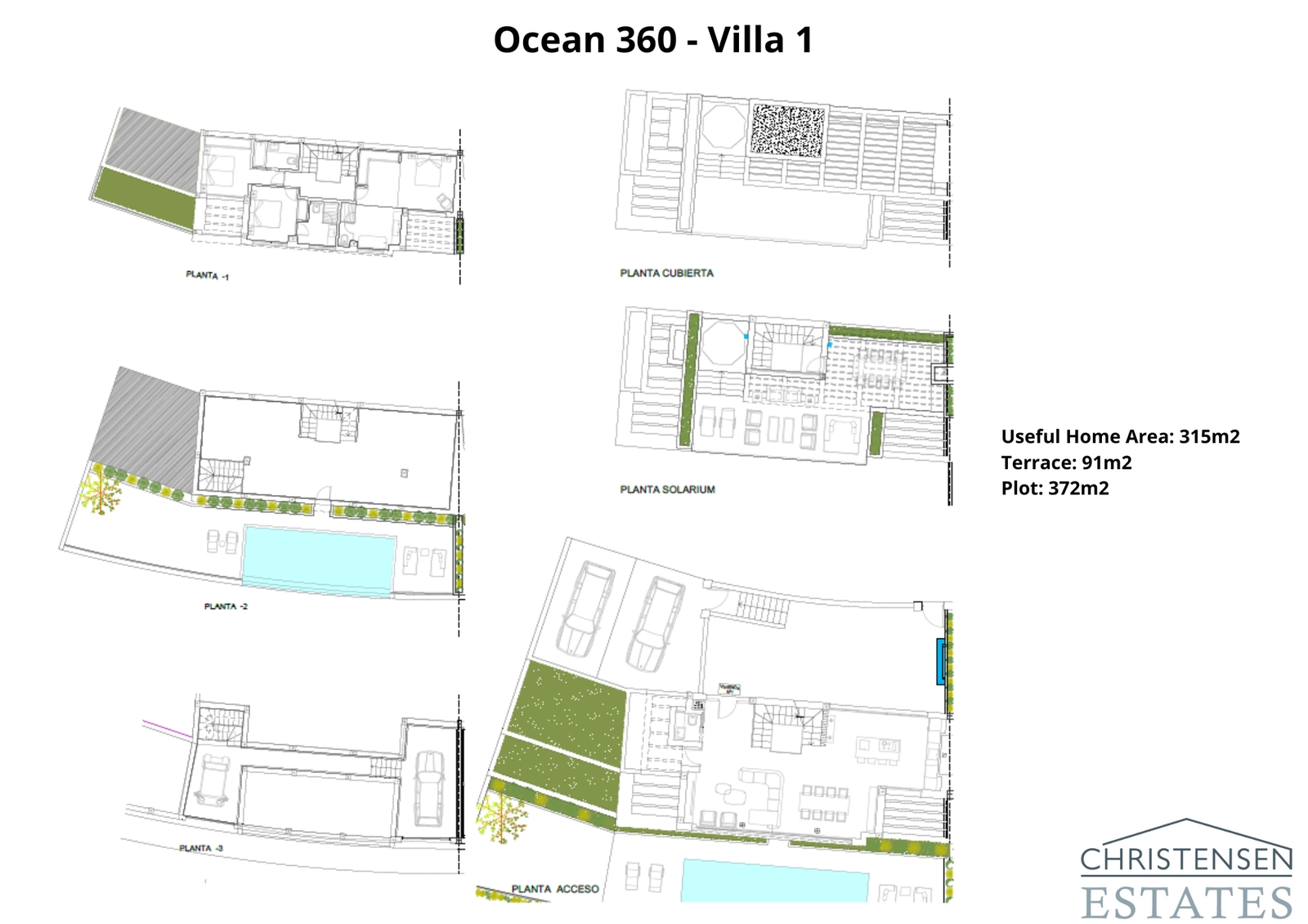 Denne gjennomtenkte planløsningen for Villa 1 viser den sømløse overgangen mellom innendørs og utendørs rom, med flere nivåer dedikert til komfort, underholdning og privatliv. Merk de romslige terrassene og det private bassengområdet.