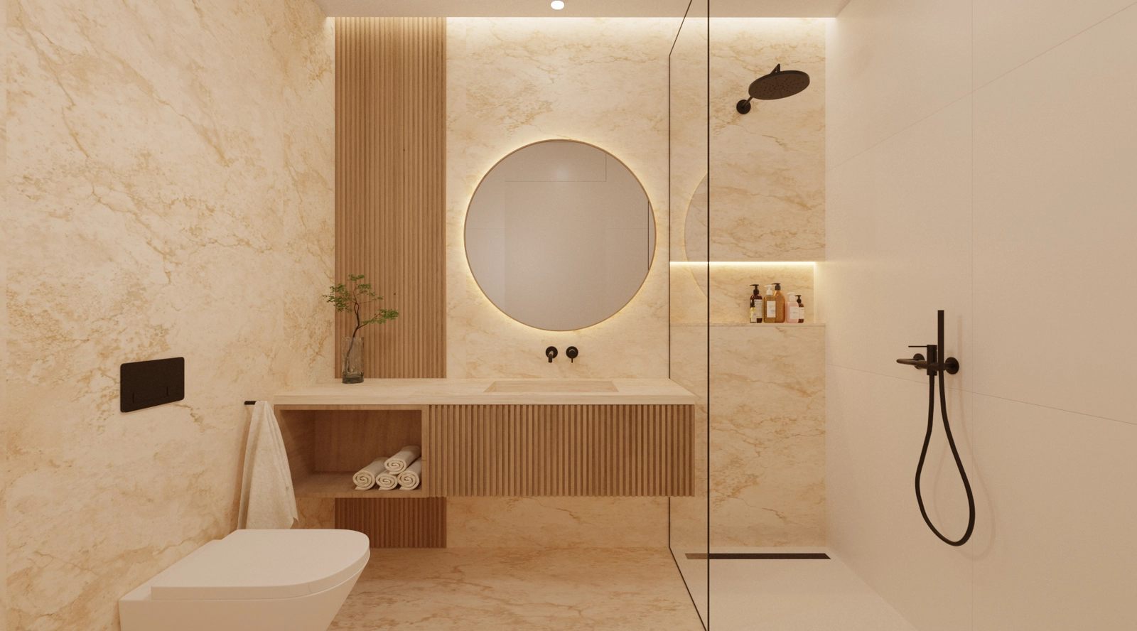 Et luksuriøst bad som kombinerer naturlige teksturer med moderne innredning.