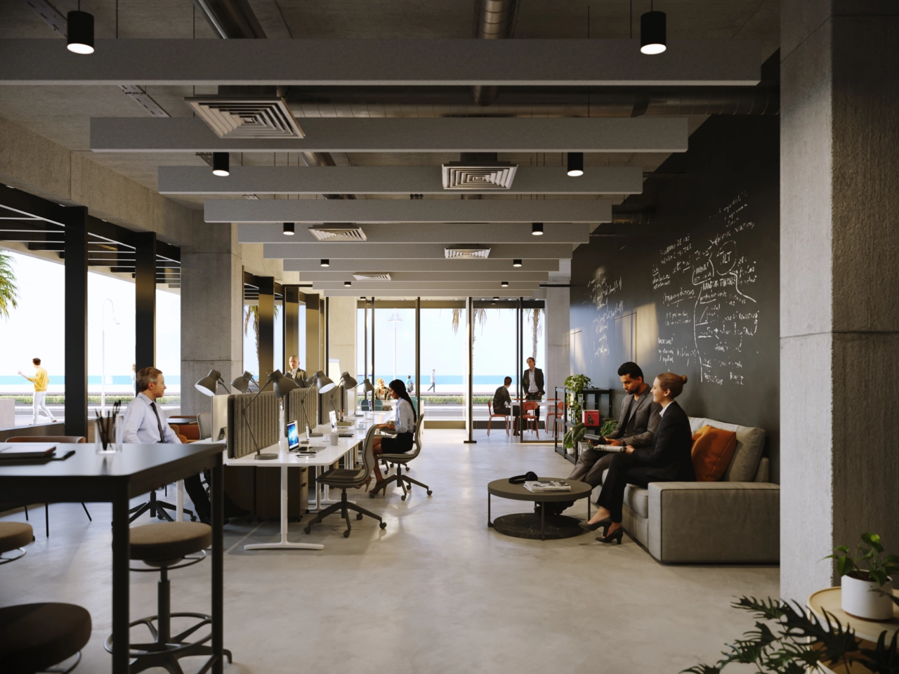 Et moderne felles arbeidsområde hvor beboerne kan jobbe eller møtes komfortabelt.