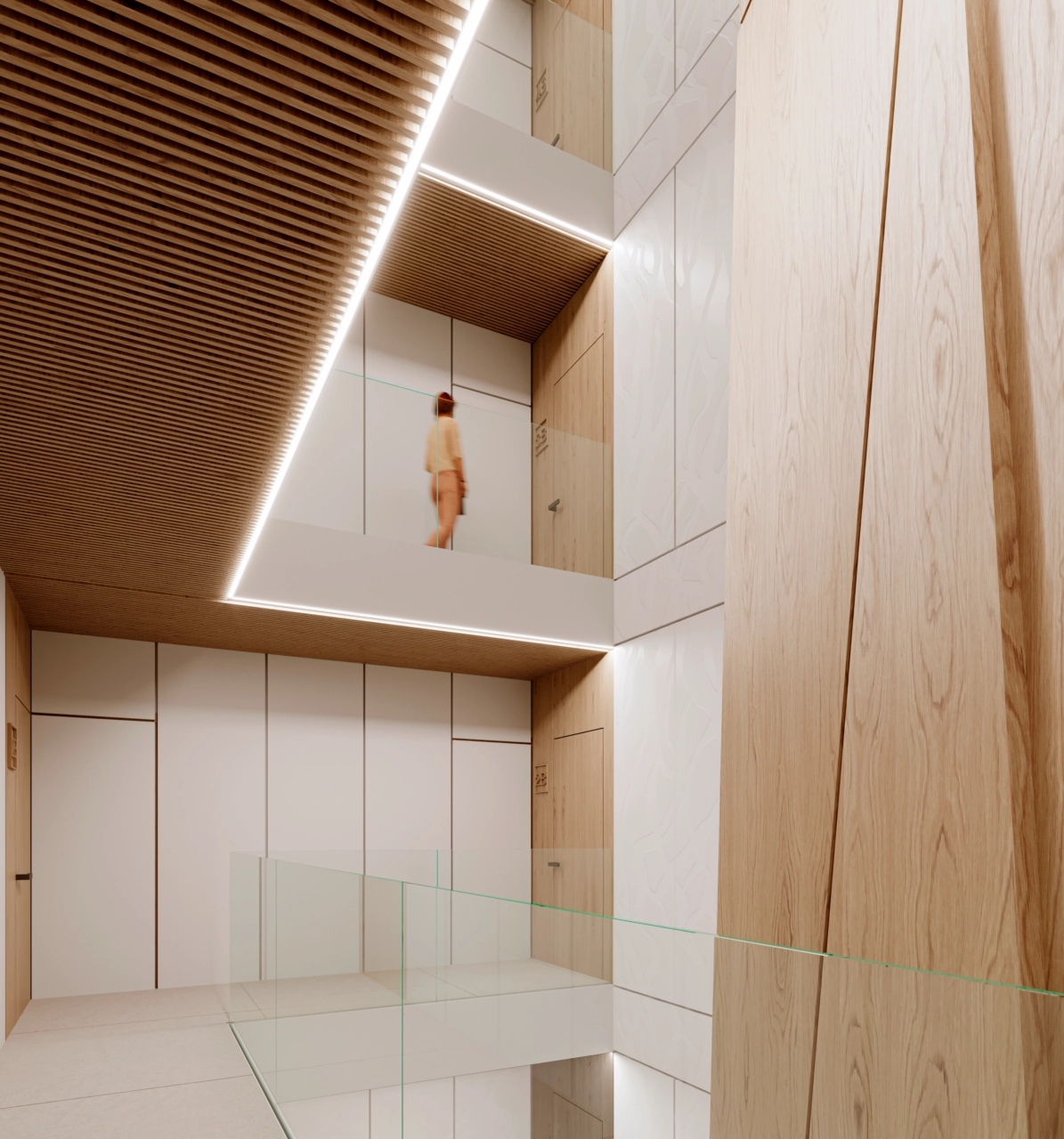 Bygningens atrium har vakkert treverk og naturlig lys.