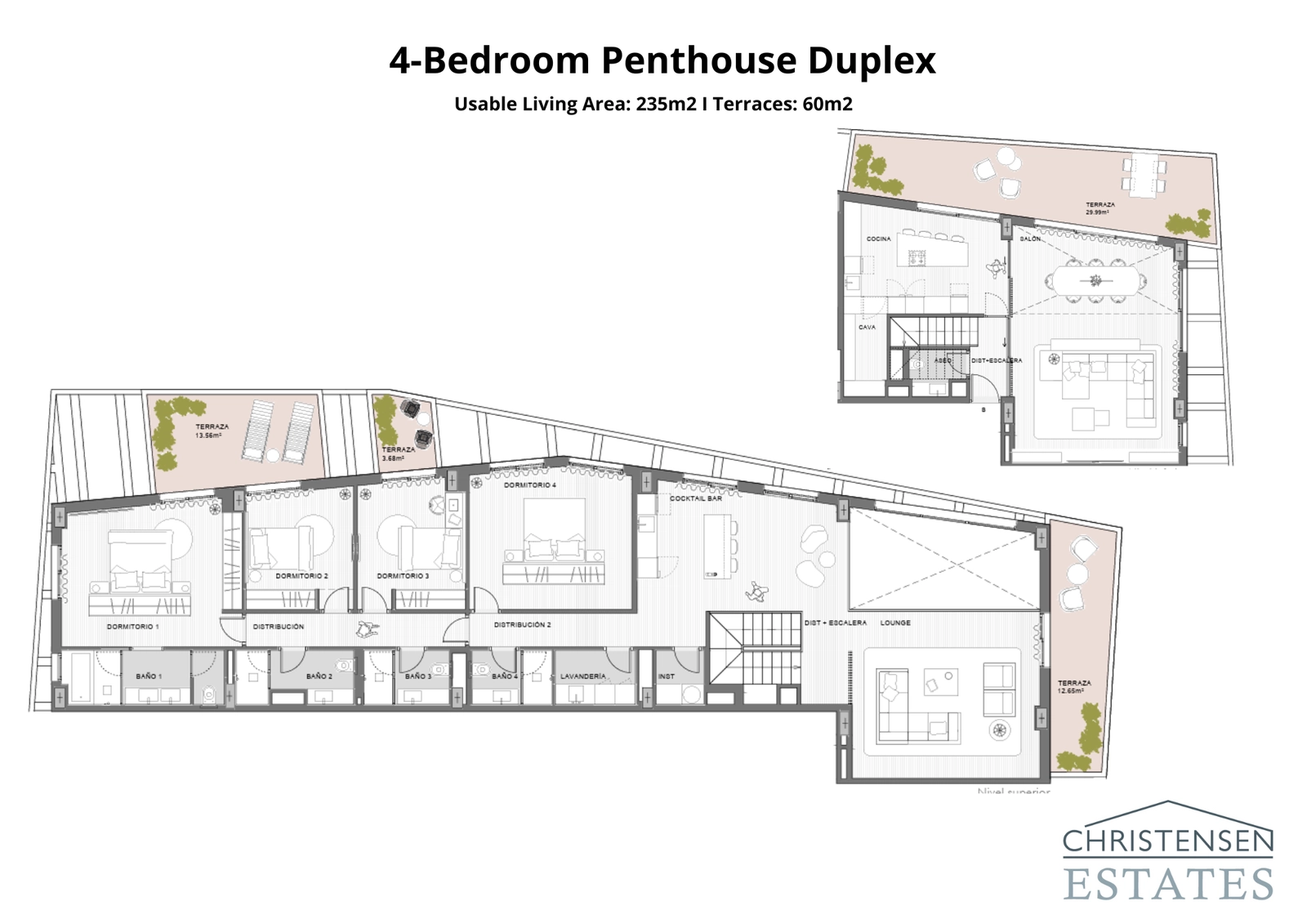 Den romslige duplex-penthouseleiligheten med fire soverom tilbyr en luksuriøs boopplevelse over to plan med flere uteområder.