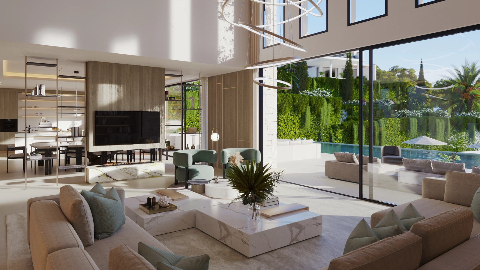 Høye tak og store vinduer fyller interiøret med naturlig lys og forsterker romfølelsen.