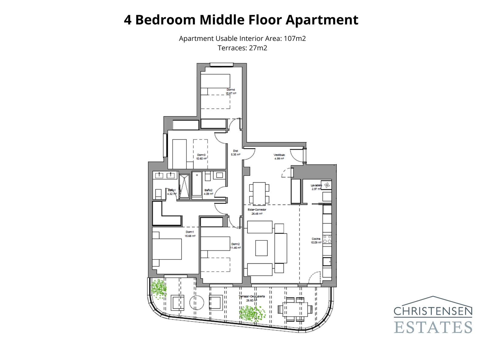 En romslig planløsning med fire soverom som tilbyr god plass for komfort og en sømløs overgang til utendørsterrassen.