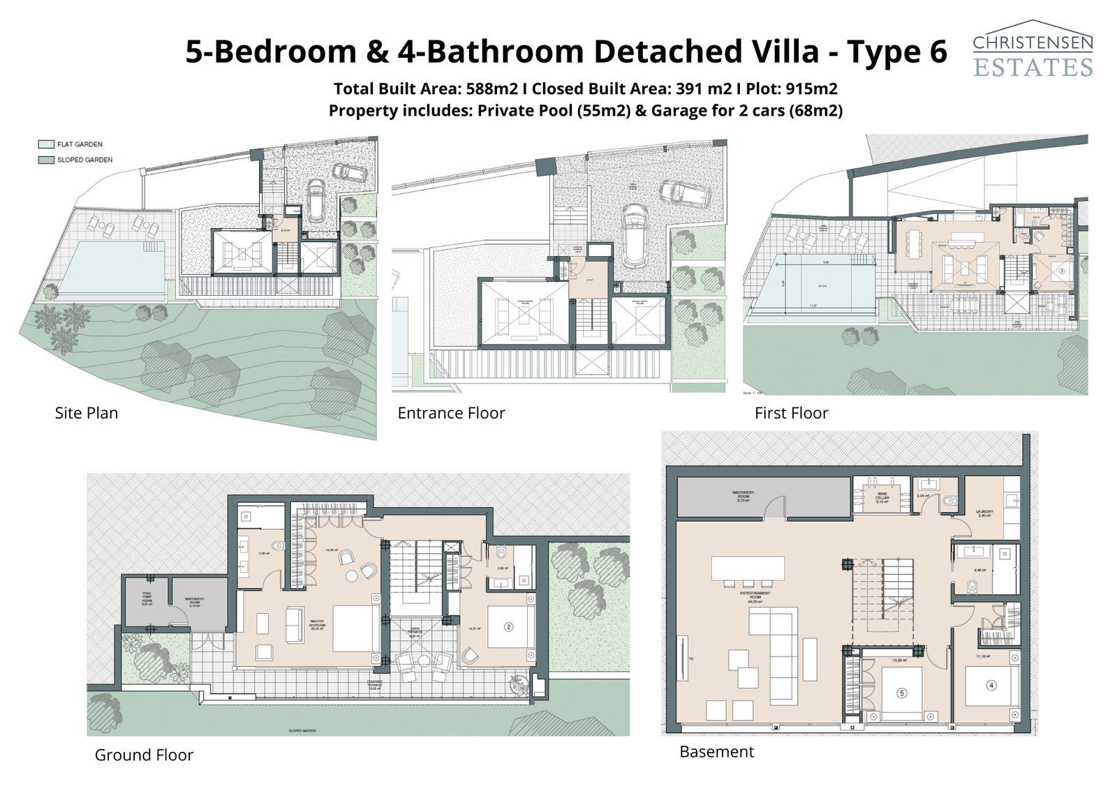 Utforsk designet av denne boligen med fem soverom, som tilbyr romslige oppholdsrom over flere etasjer. Planløsningen sikrer privatliv og komfort, med god plass til familie og gjester, supplert med et stort privat basseng og hage.