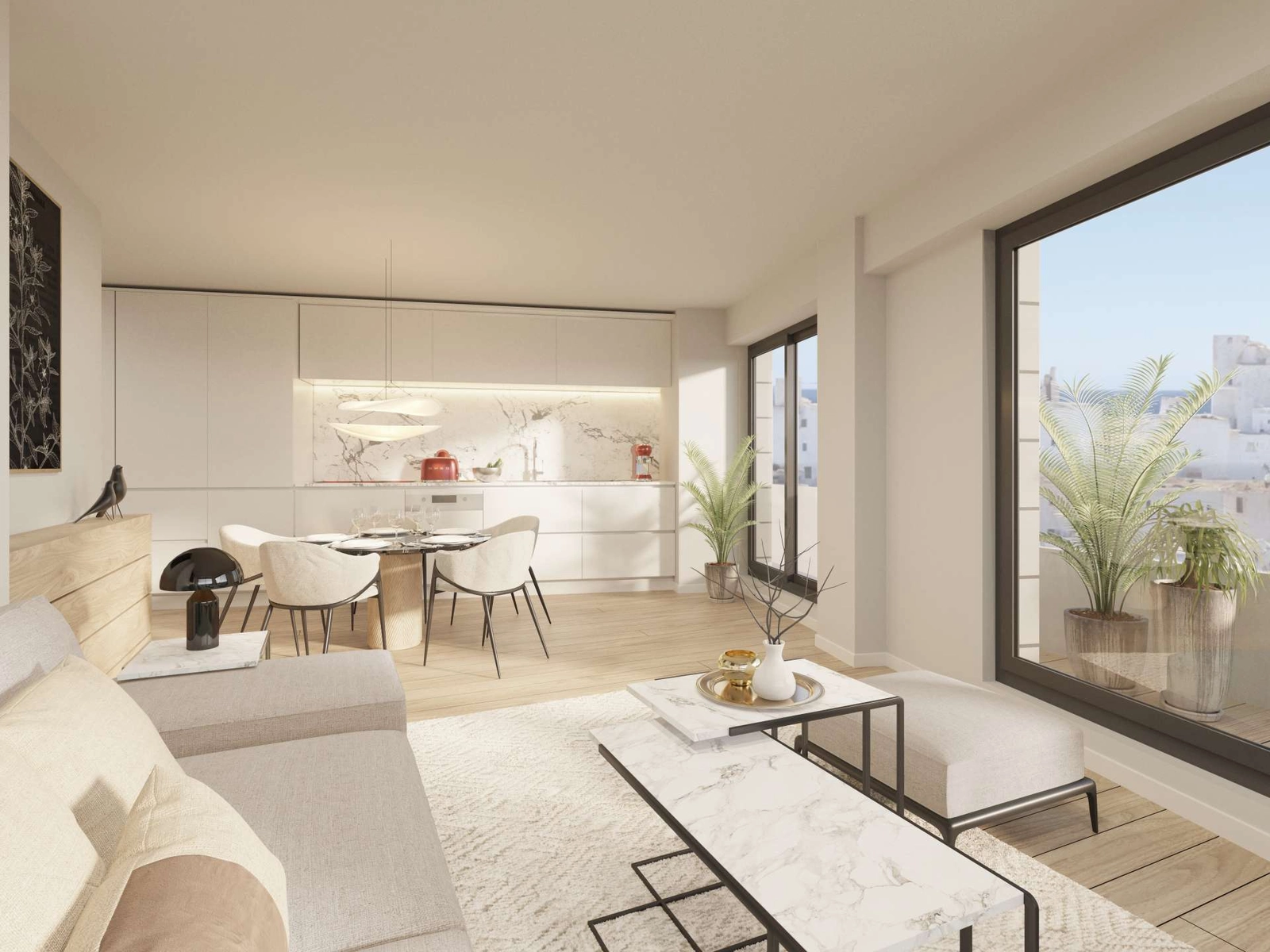 Det moderne kjøkkenet er sømløst integrert i stuen, med hvitevarer og overflater av høy kvalitet.