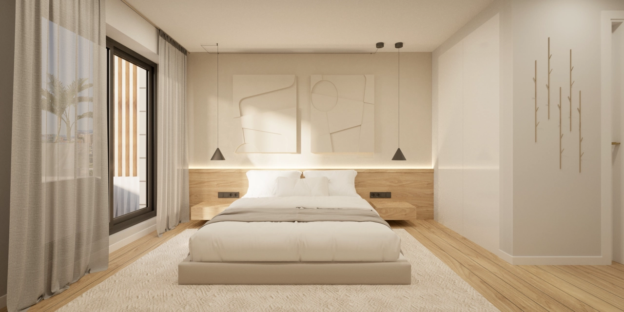 Et rolig hovedsoverom designet som et fredelig tilfluktssted, med rene linjer og en varm atmosfære.
