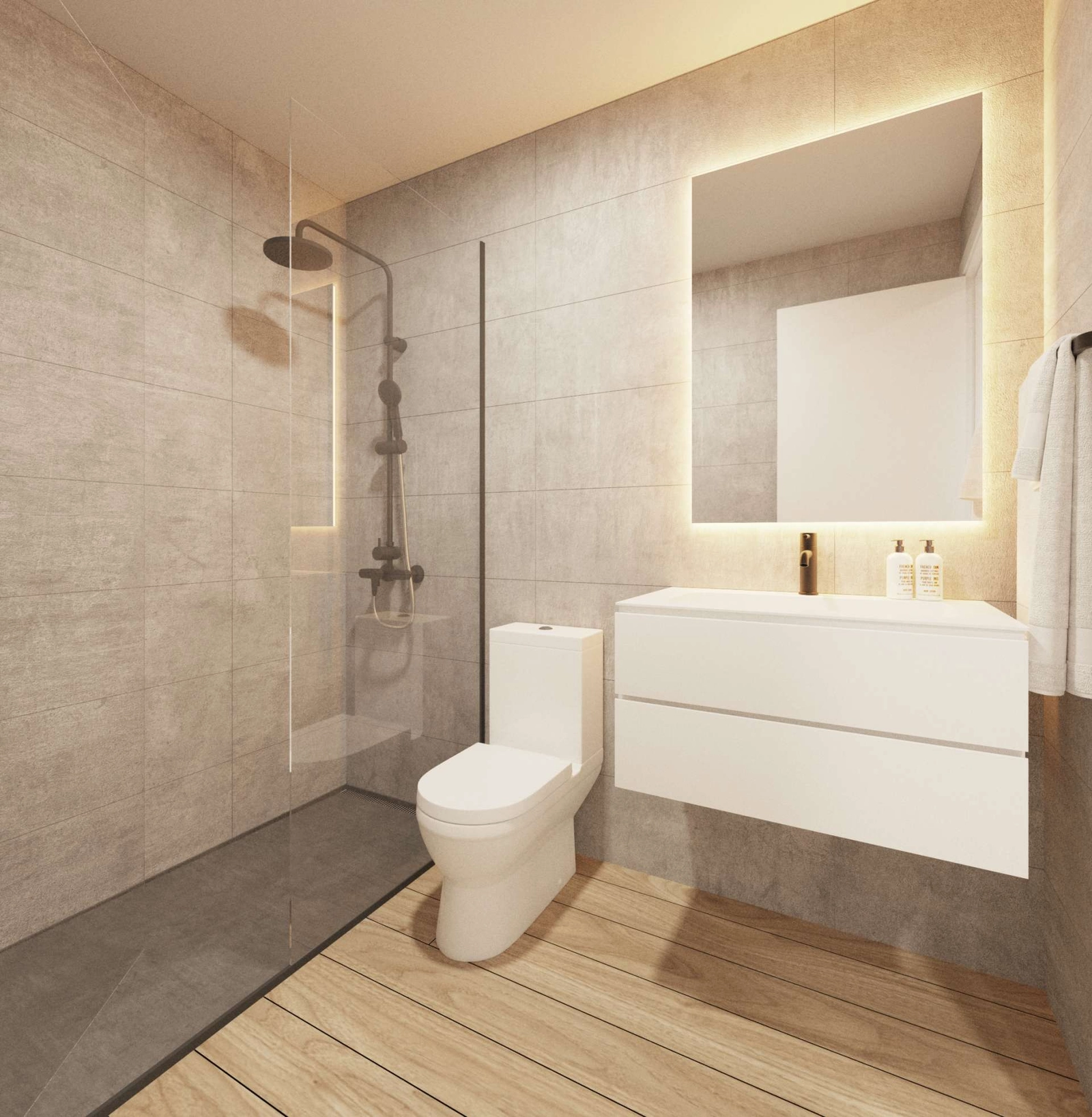 Et moderne bad med materialer av høy kvalitet, dusjkabinett og stilrent design.