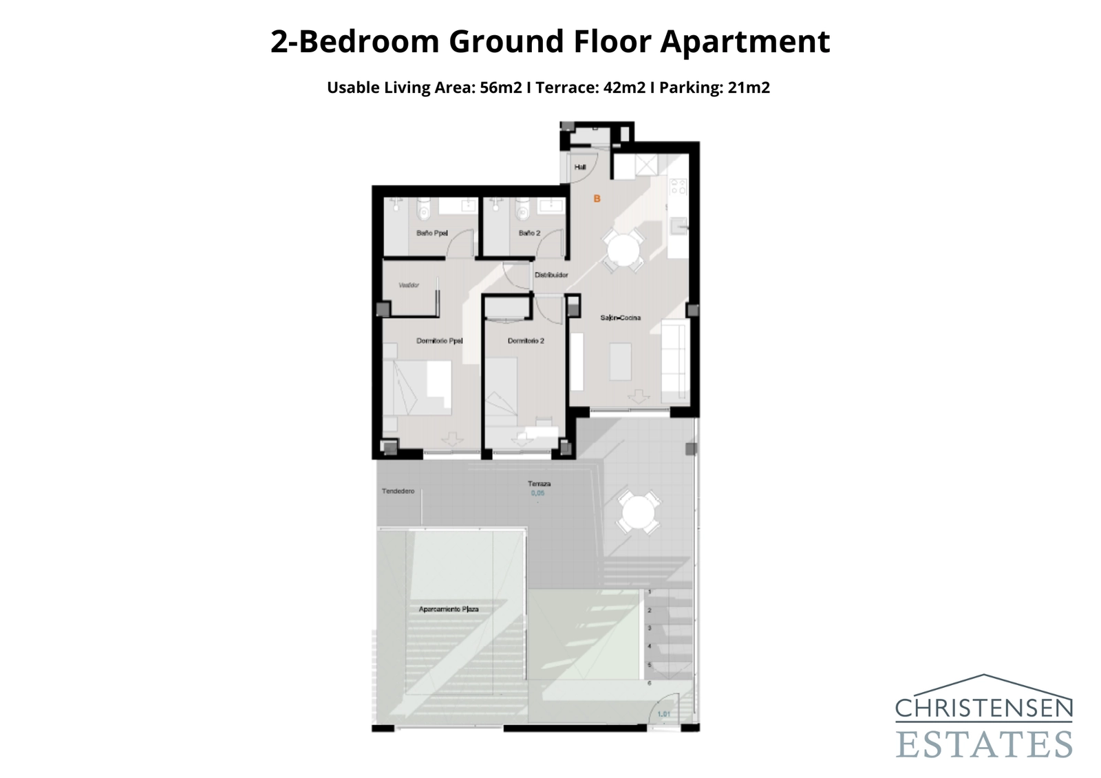 Plantegning for en leilighet i første etasje med to soverom, med en romslig terrasse og direkte tilgang til uteområder.