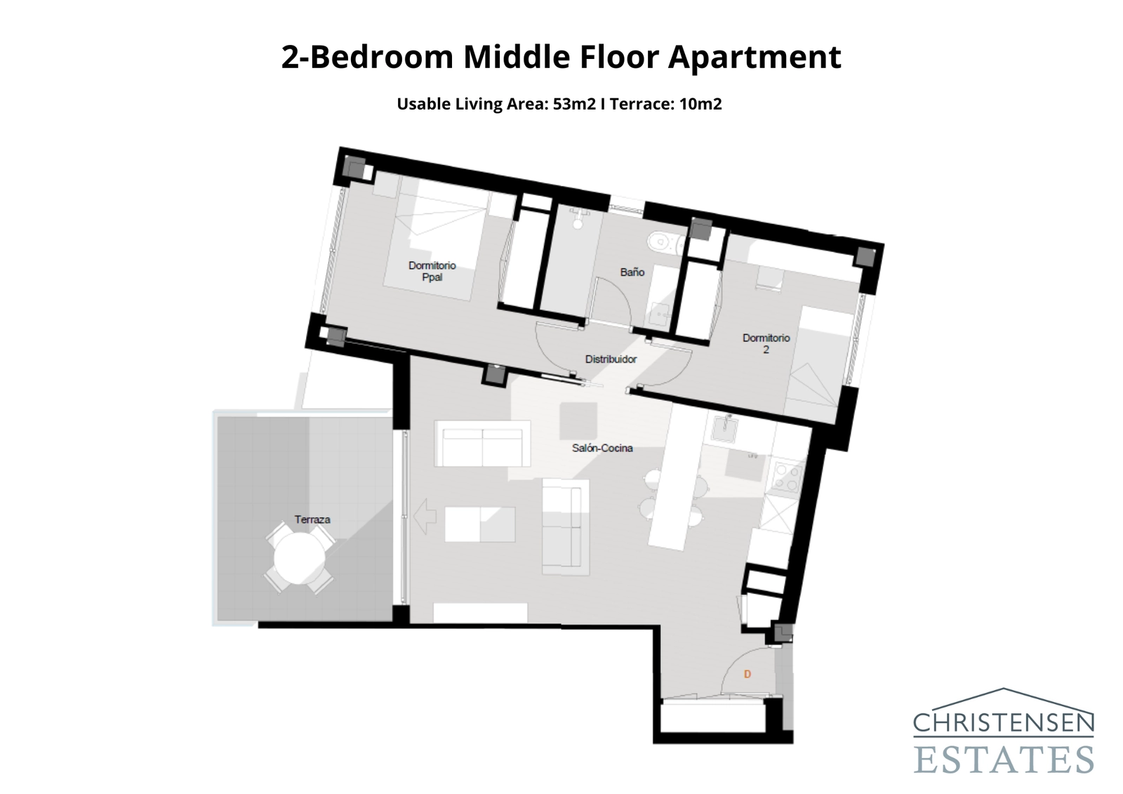 Denne to-roms leilighetsplanløsningen har et effektivt design, som kombinerer stue, spisestue og kjøkken med en privat terrasse.