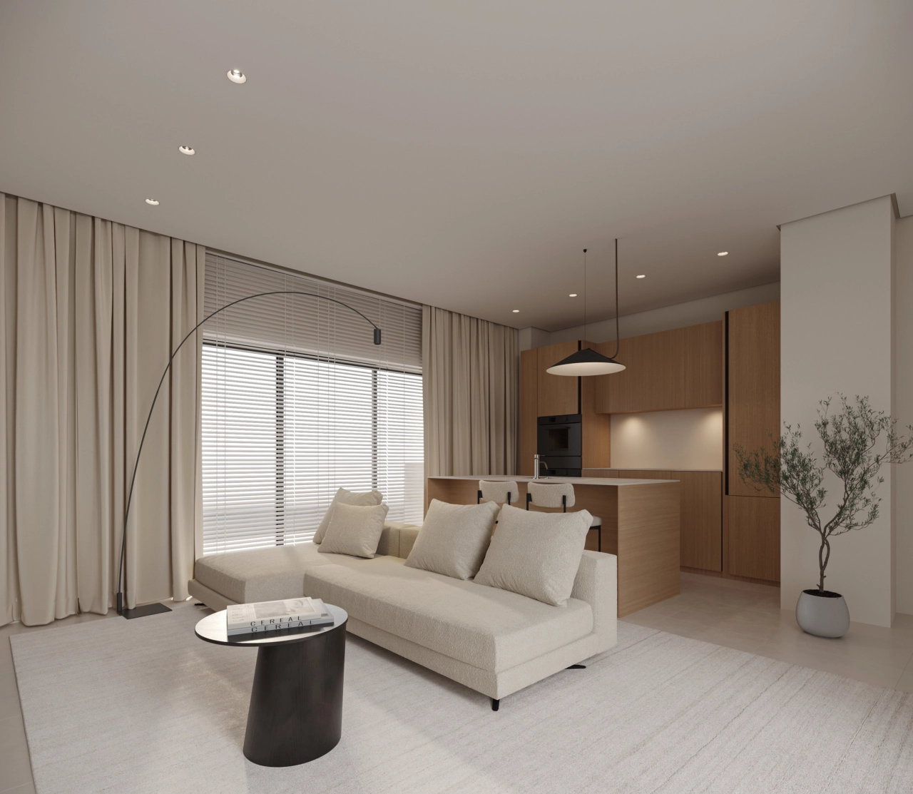 En stilfull stue og kjøkken, hvor rene linjer og naturlige materialer skaper en varm og innbydende atmosfære.