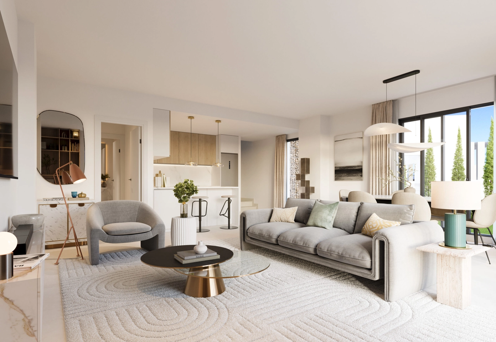 Lyse og romslige oppholdsrom med åpen planløsning, som skaper en følelse av flyt og komfort.